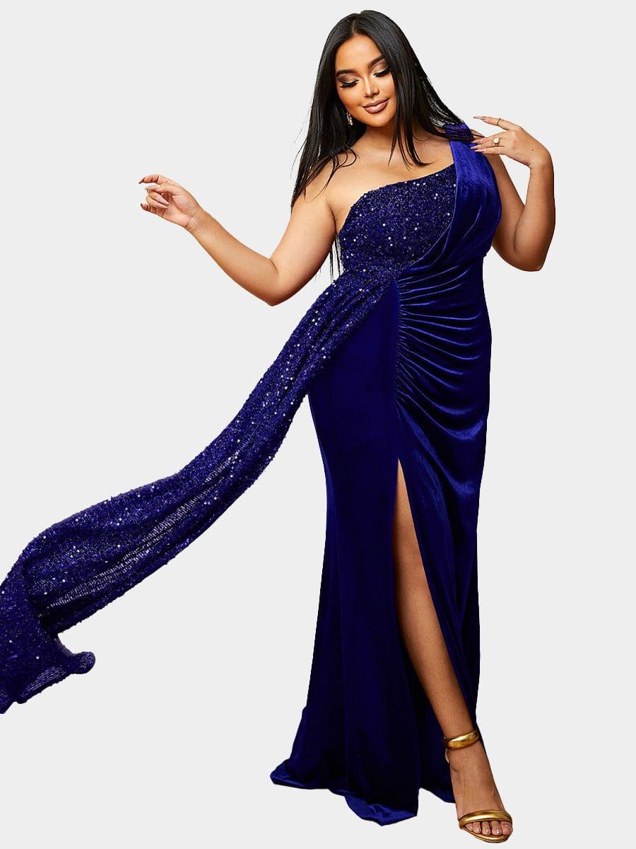 Plus Size One Shoulder Draped Sequin Burgundy Prom Dress PXH2356