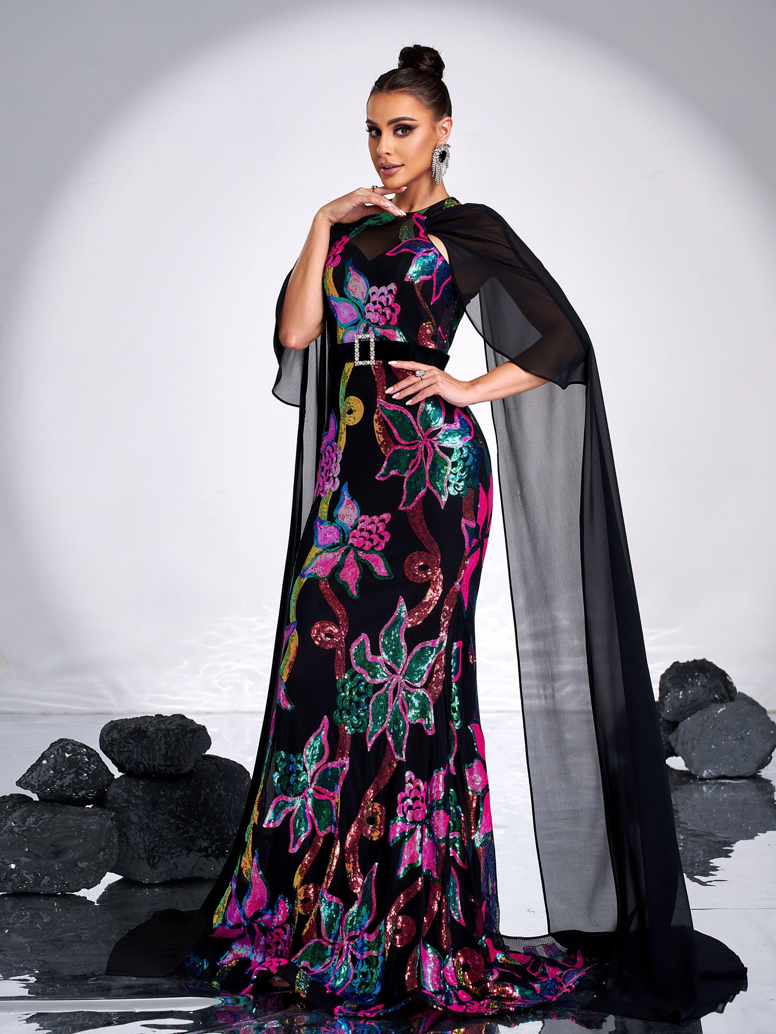 Elegant Round Neck Floral Sequin Mermaid Evening Dress DH80213