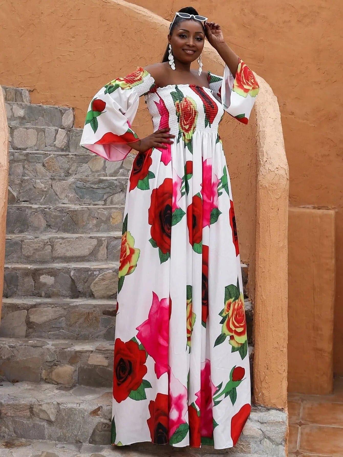 Missord Plus Floral Print Shirred Bardot Dress P0121