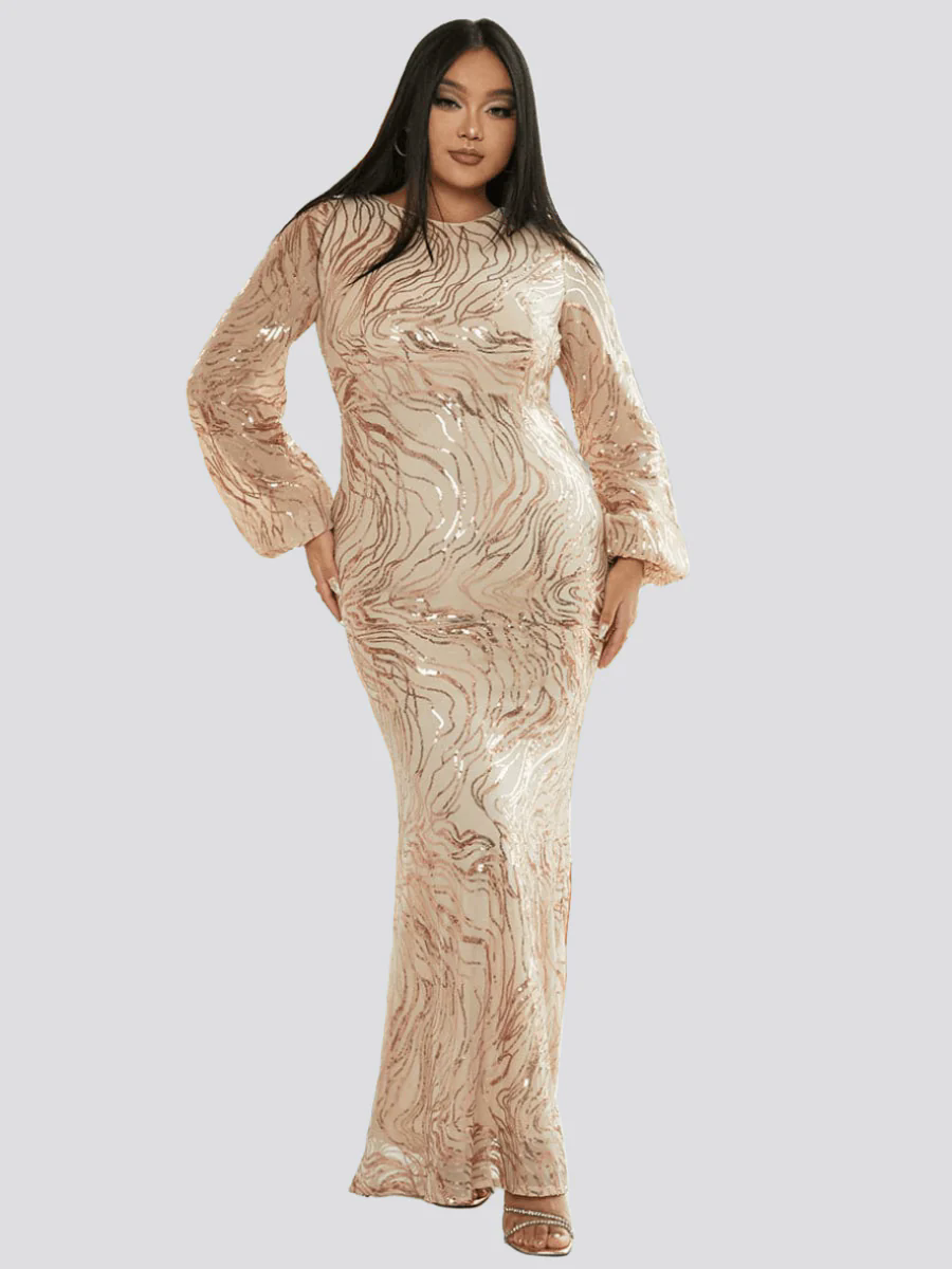 Plus Size Long Sleeve Sequin Prom Dress PXJ1500