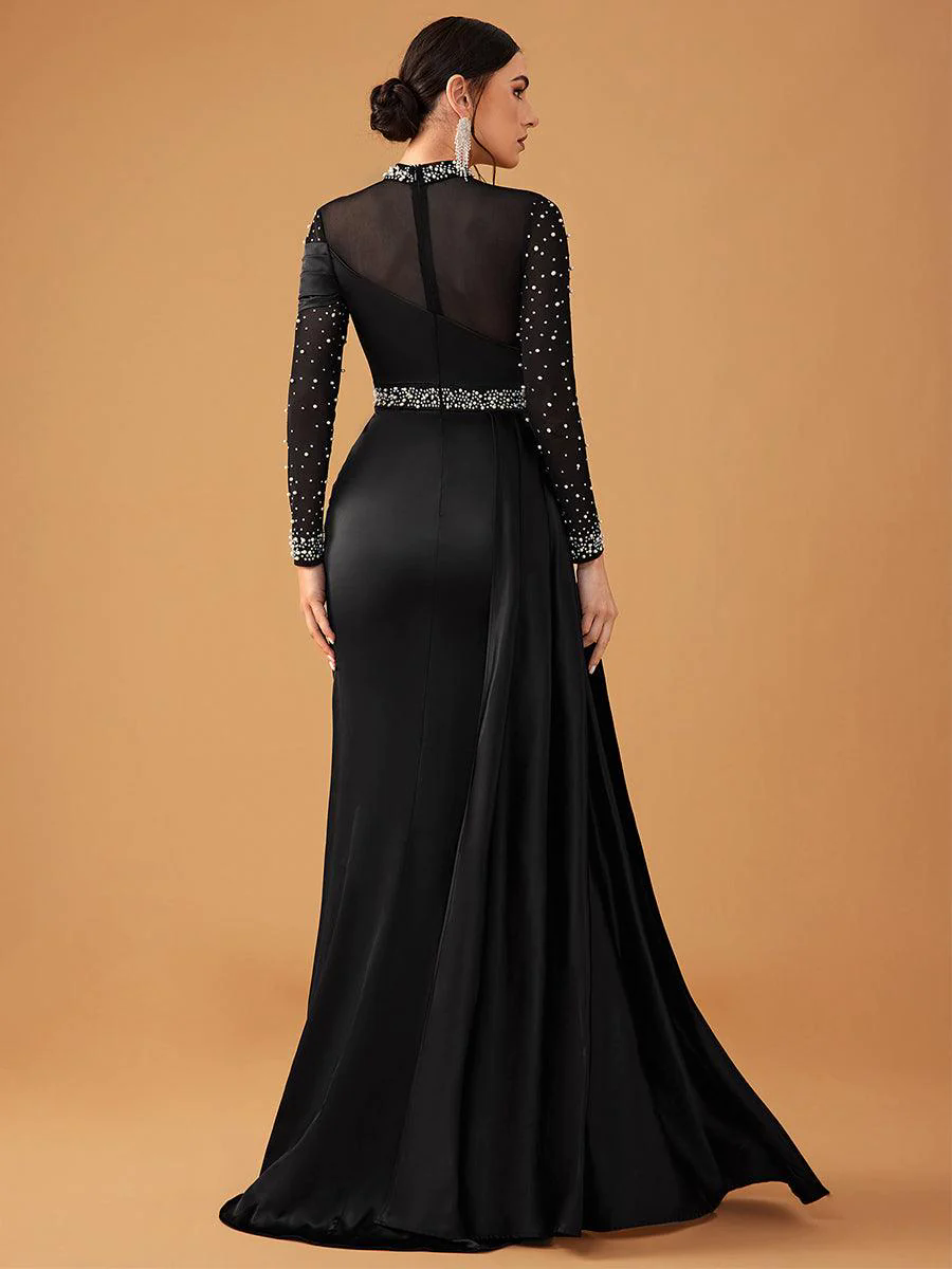 Elegant Mesh Beaded Satin Turtleneck Evening Dress GM90146