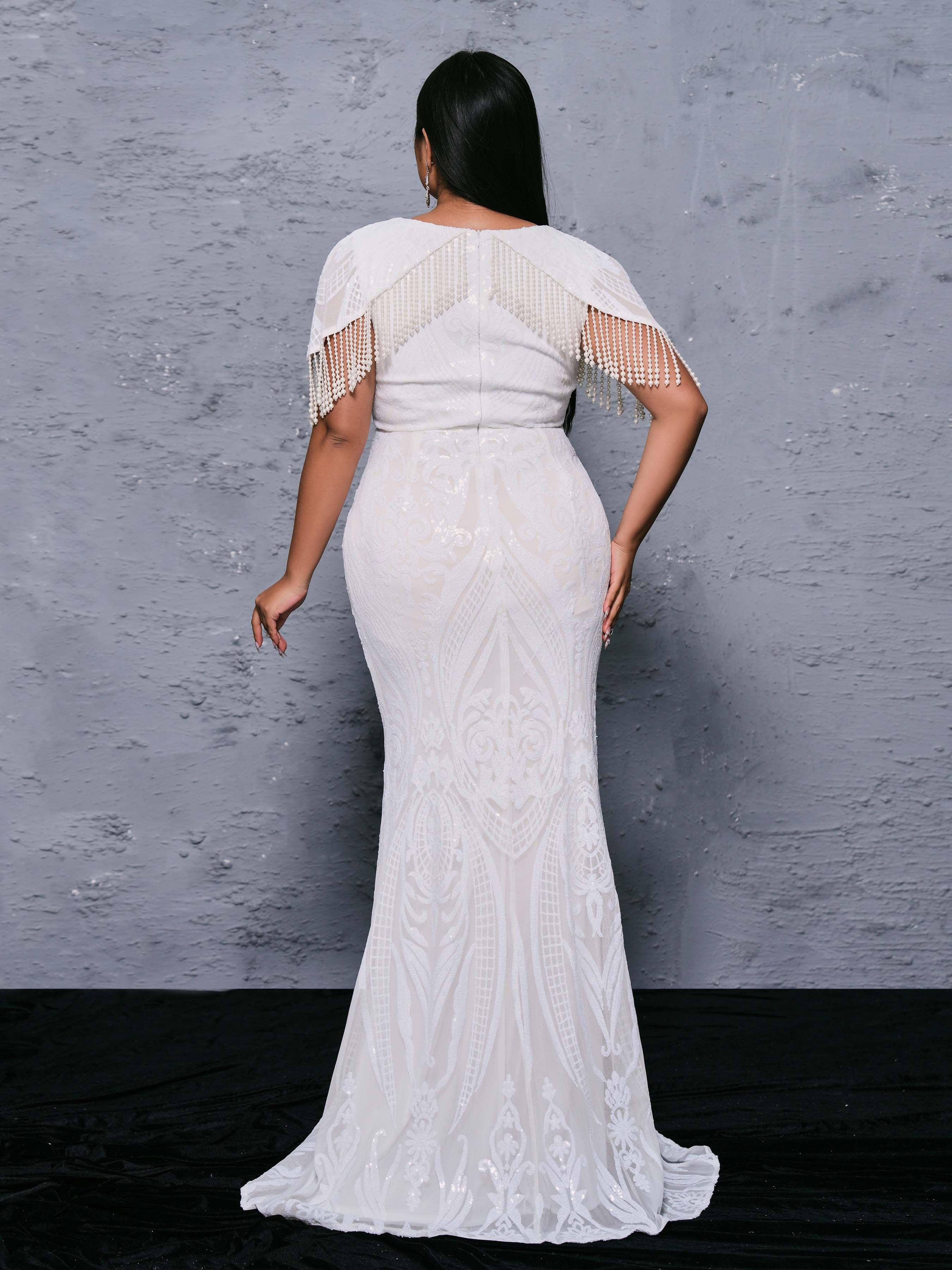 Plus V-Neck Pearl White Mermaid Dress PRX70092