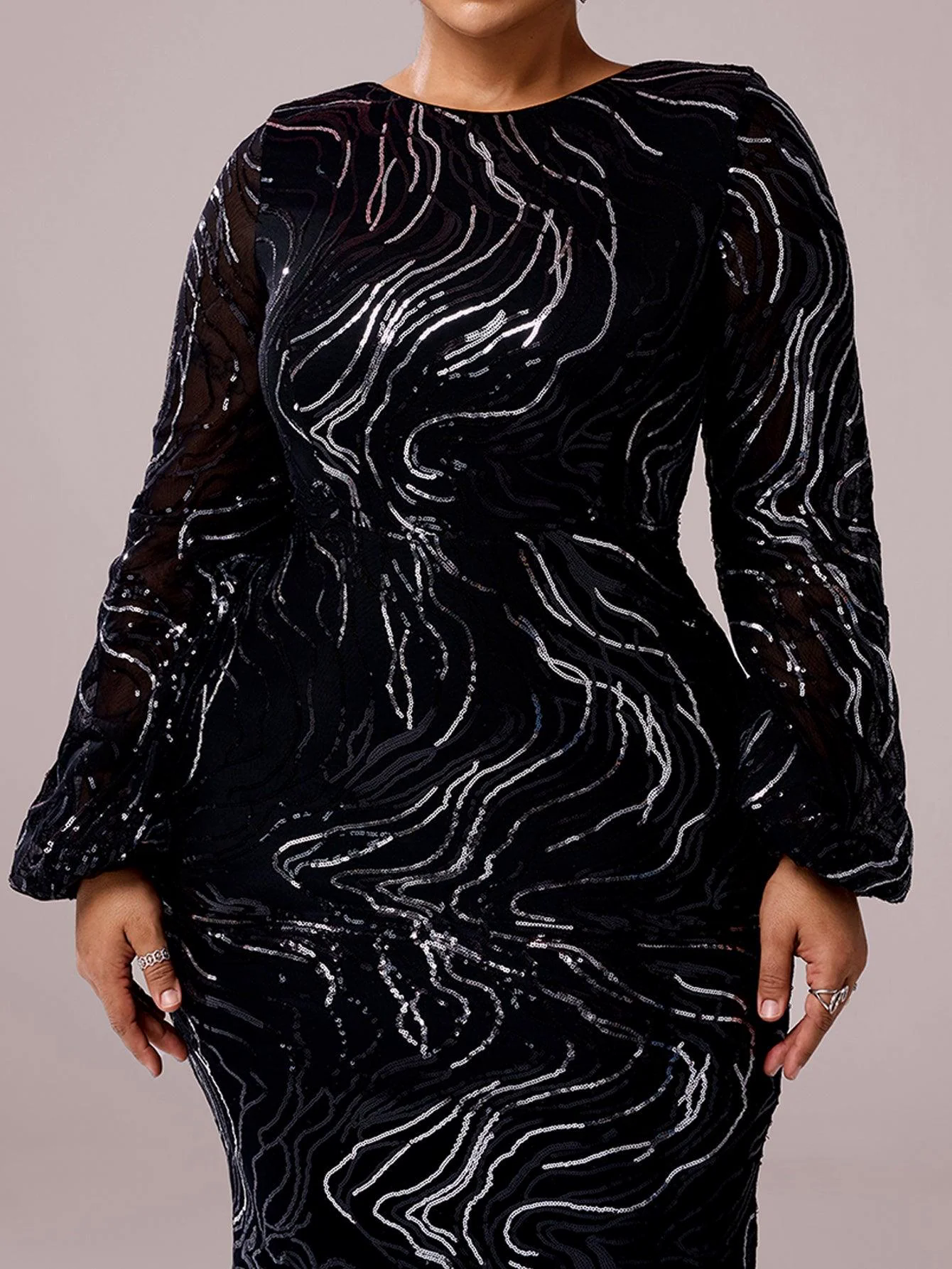 Plus Size Long Sleeve Sequin Prom Dress PXJ1500