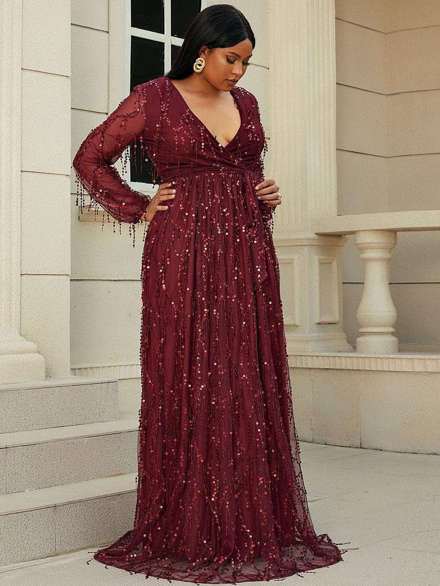 Plus V Neck Red Sequin Mesh Maxi Dress P0376