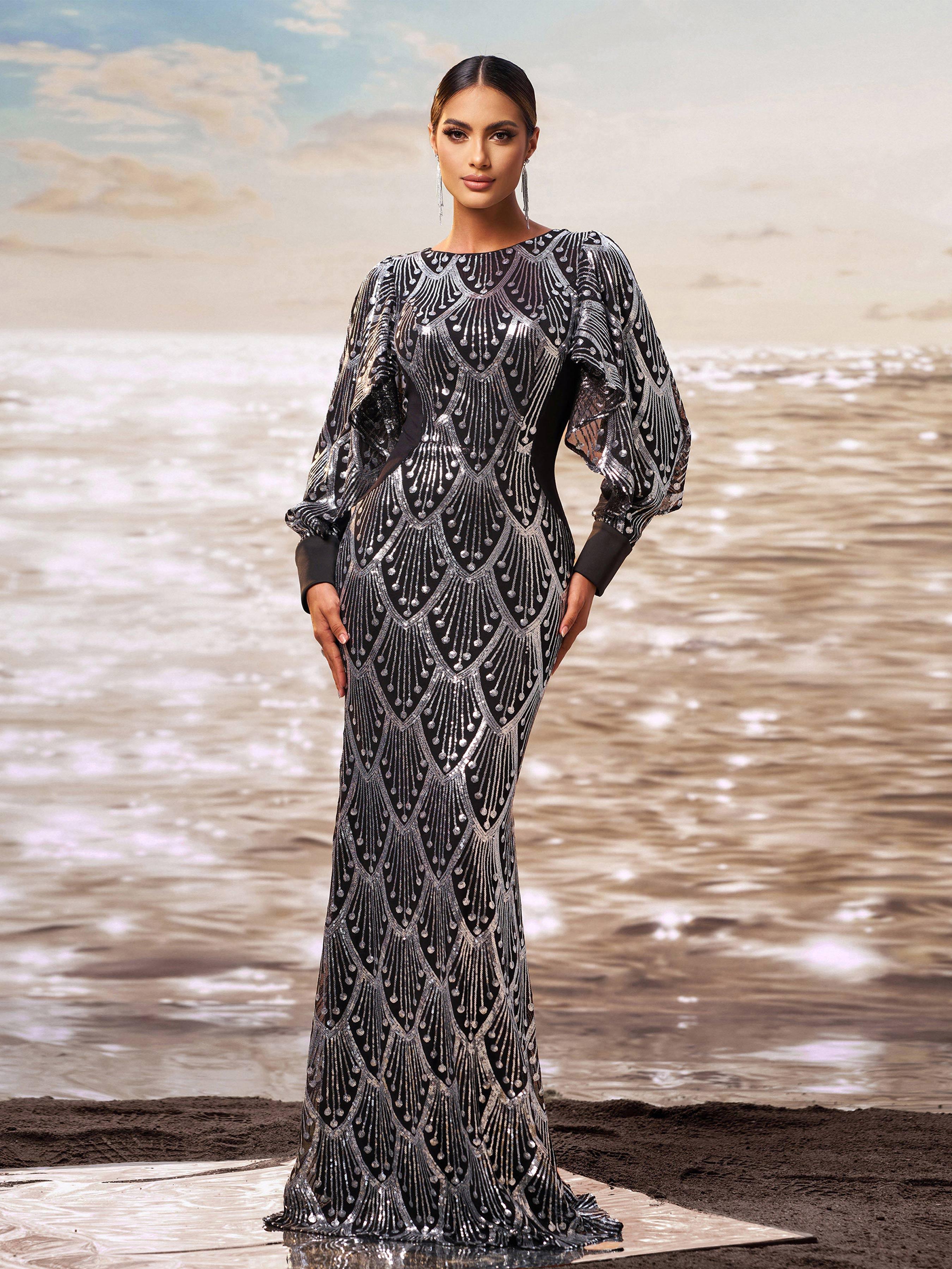 Classic Black Sequin Ballon Sleeve Prom Dress DH80287