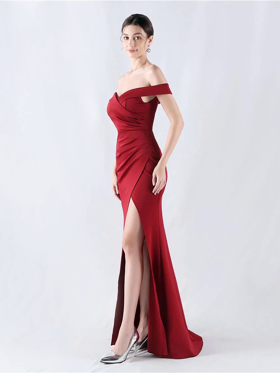 Off Shoulder Ruched Split Prom Dress MYN1003