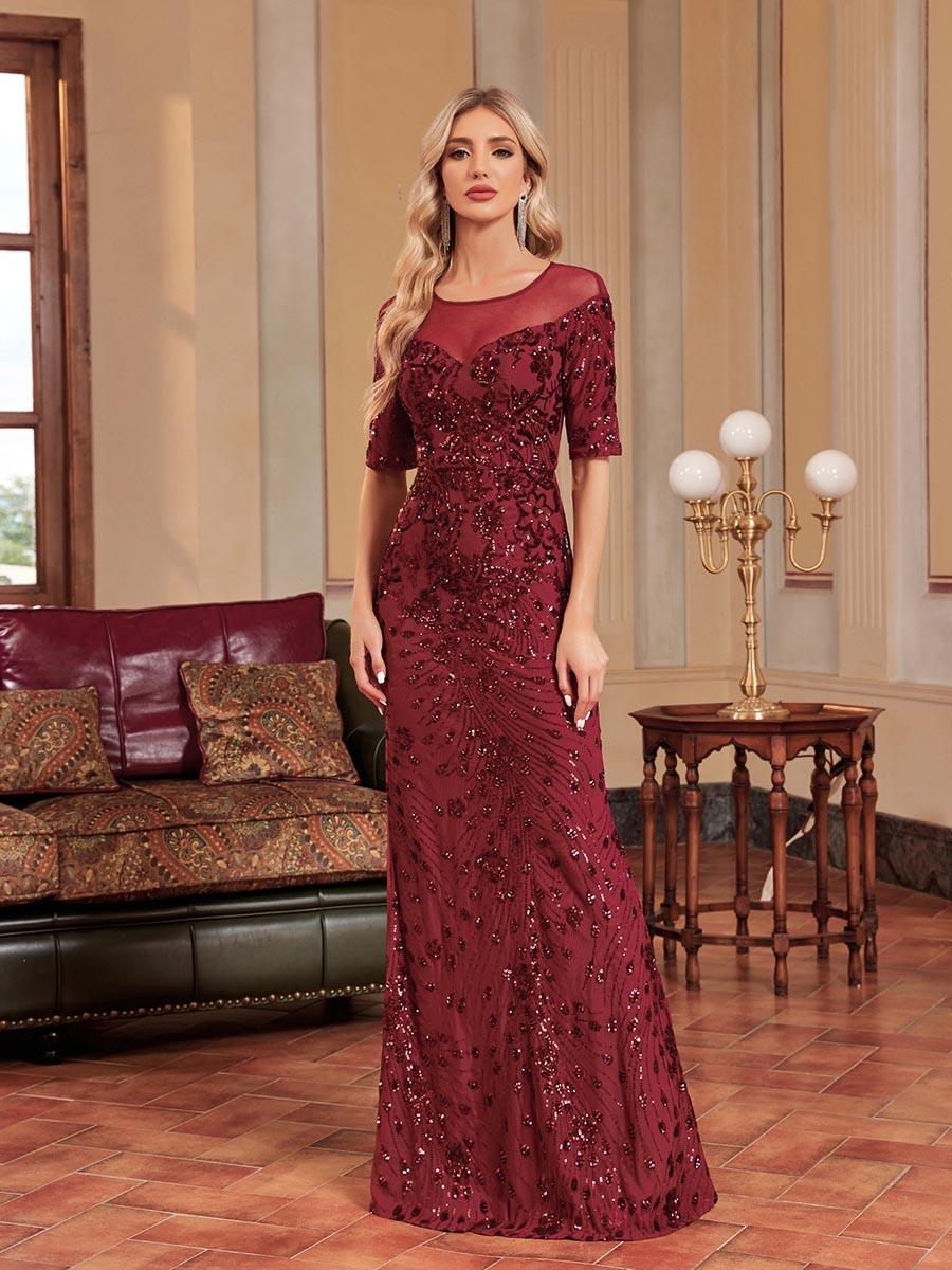 Burgundy Short Sleeve Embroidered Prom Dress MCC1233