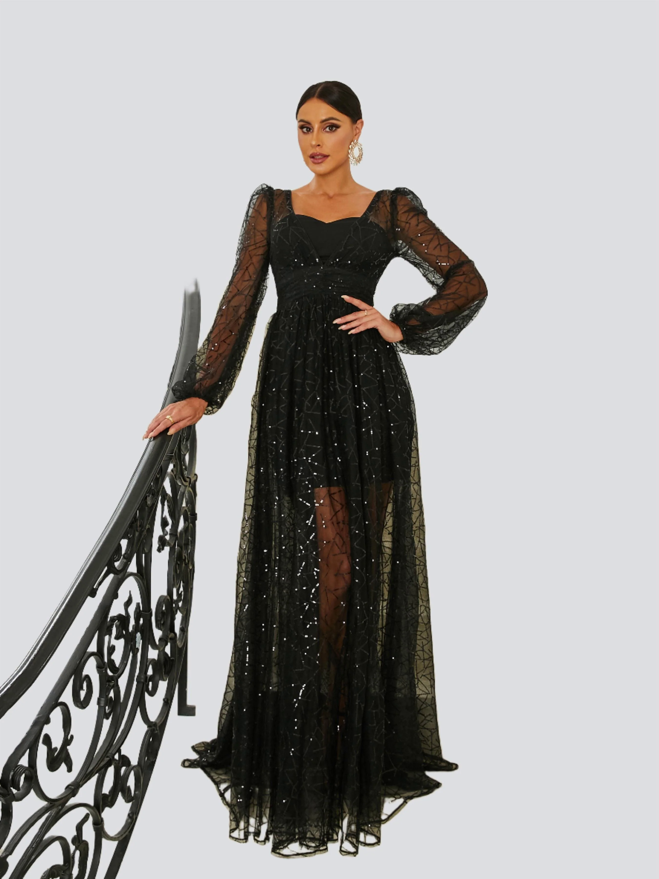 Lantern Sleeve Black Tulle Dress RA60074