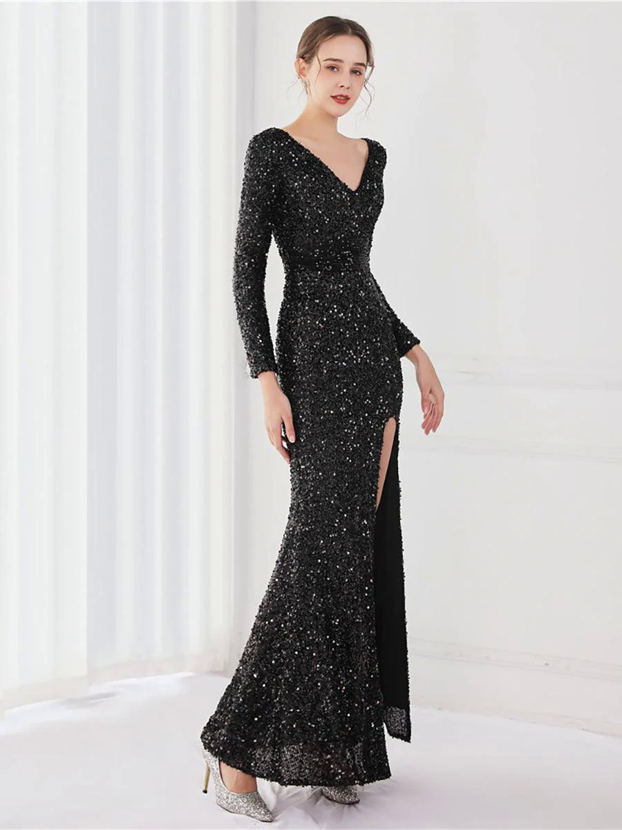 Long Sleeve Solid V-neck Sequin Prom Dress MCW1133
