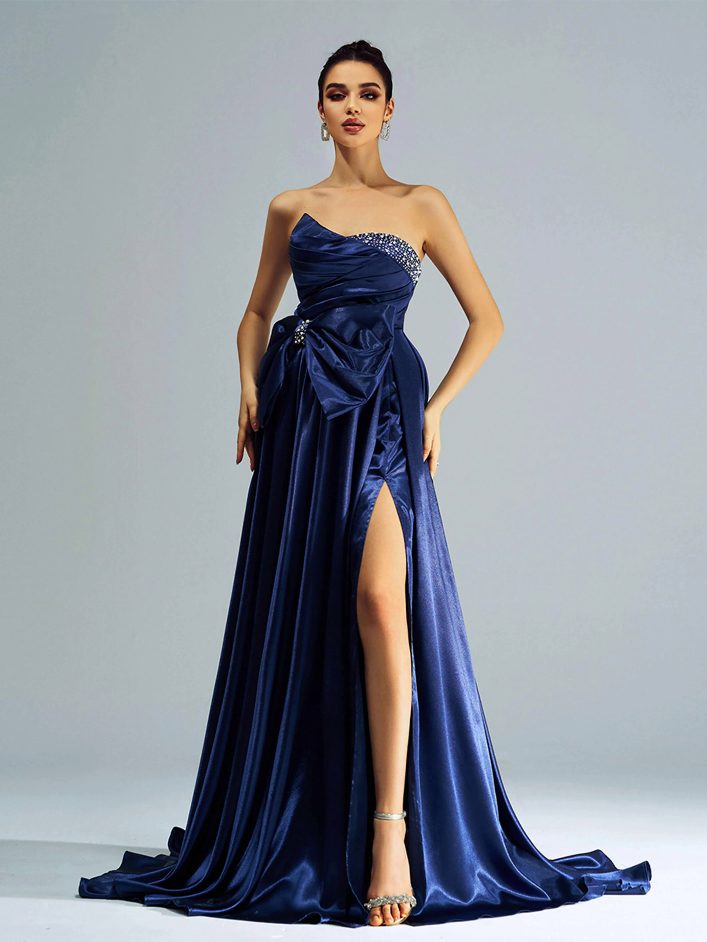 Bowknot Ruched Beaded Evening Dress GZ60067