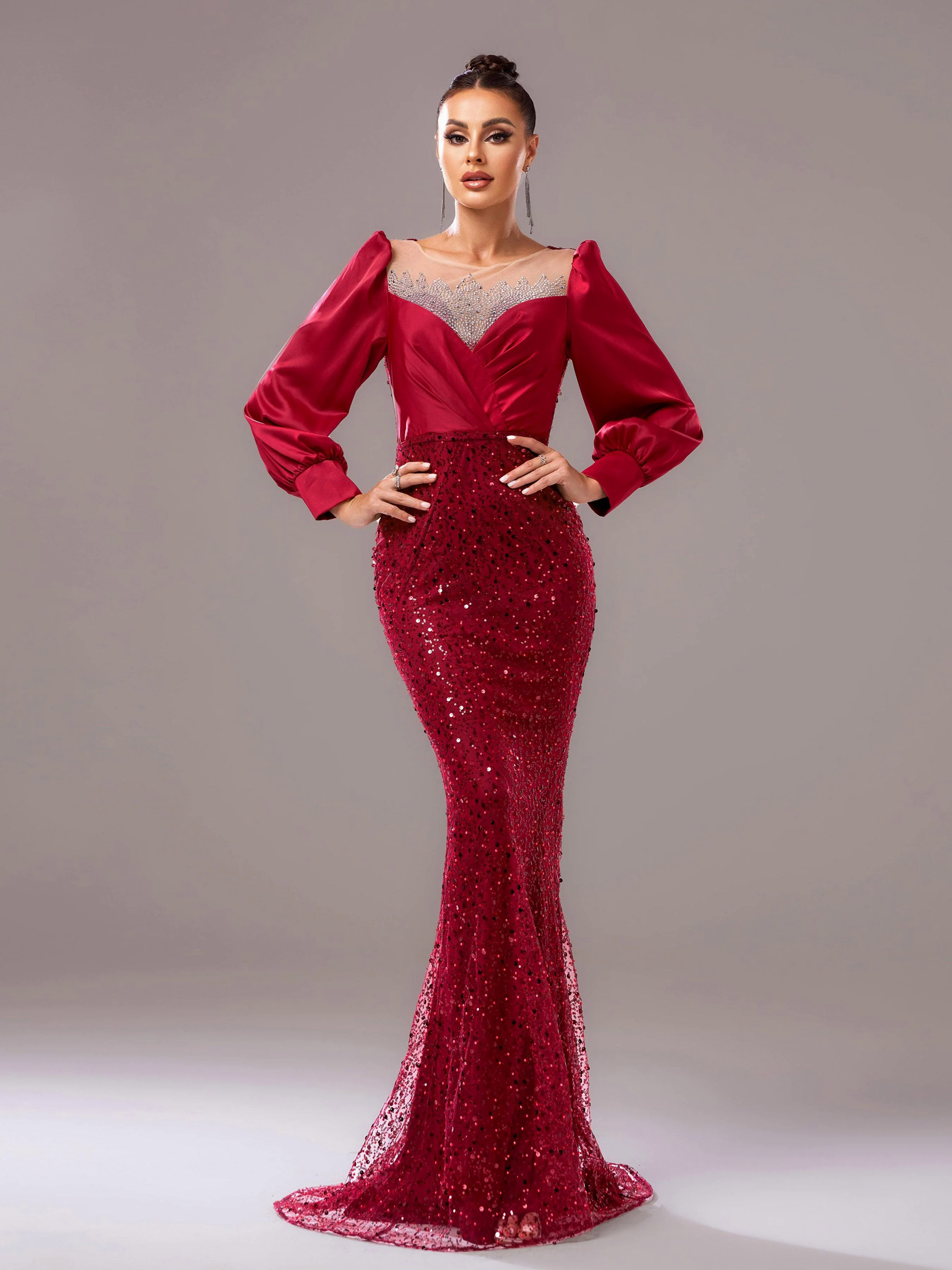 Red Panel Sequin Long Sleeve Mermaid Evening Dress RJ11967