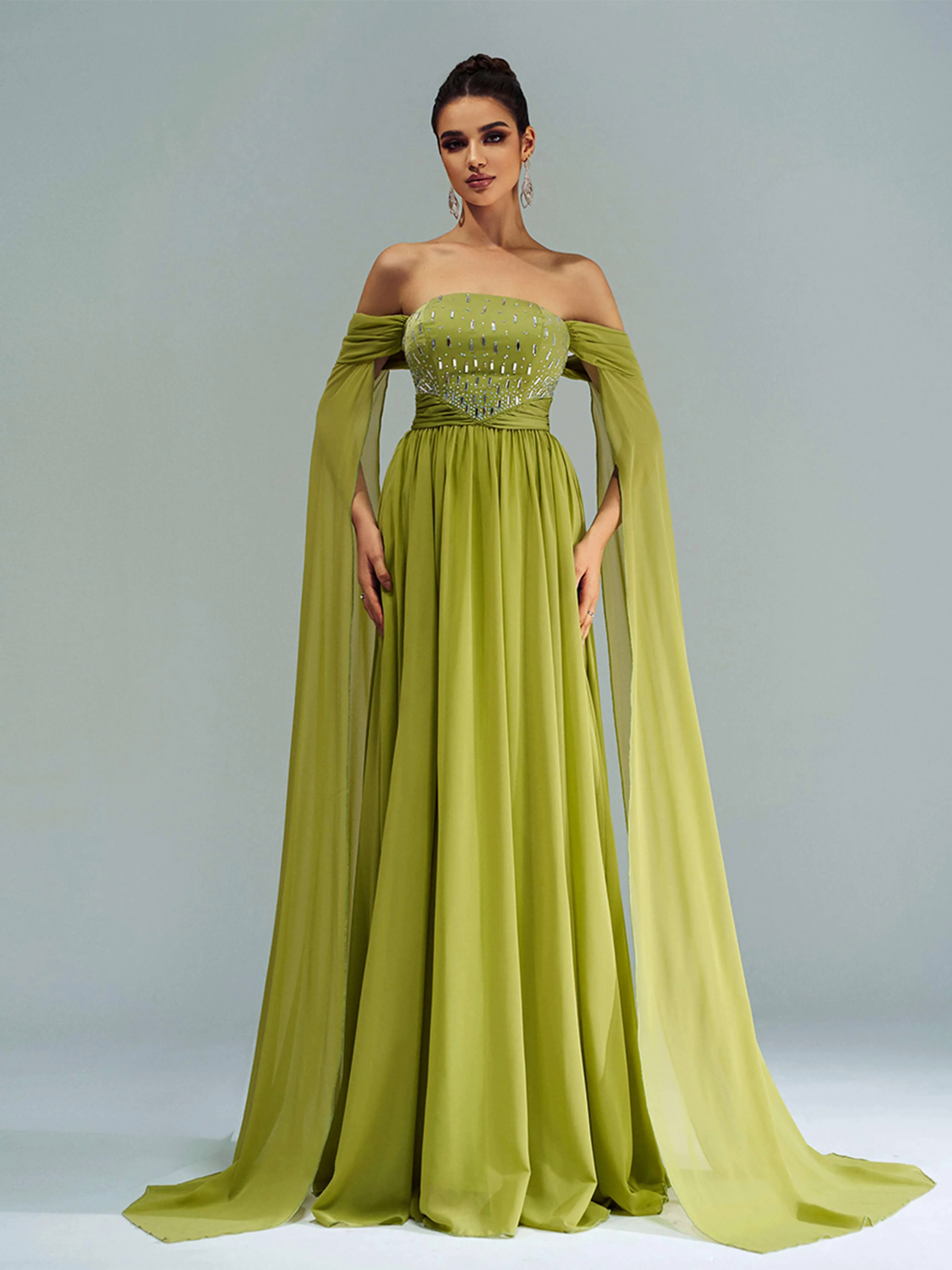 Green Chiffon Rhinestone Off Shoulder Prom Dress RX70147