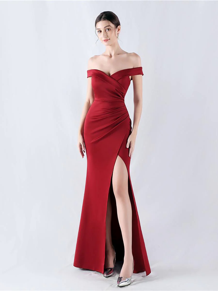 Off Shoulder Ruched Split Prom Dress MYN1003