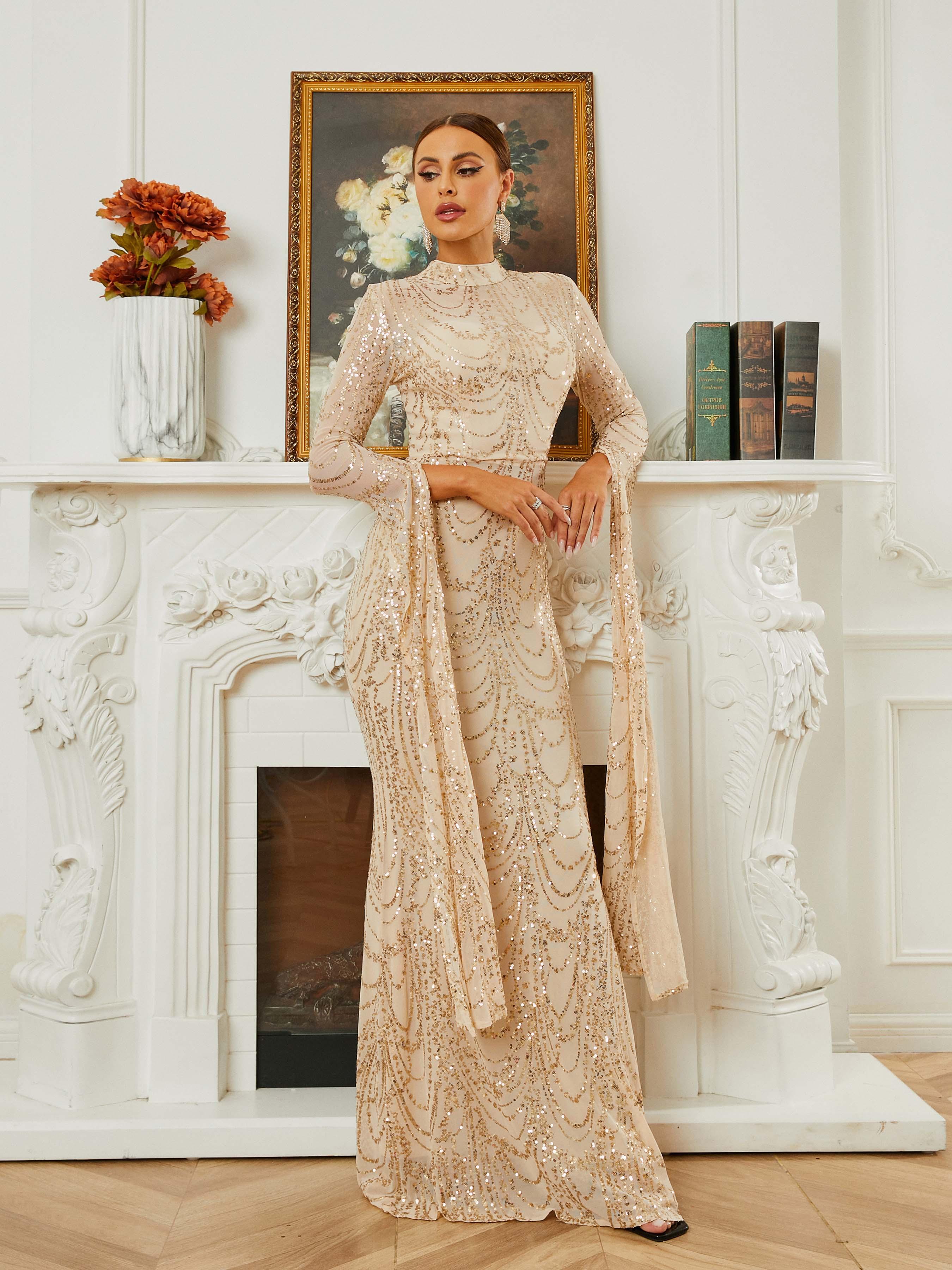 Stand Collar Mermaid Long Sleeve Evening Dress RA60055