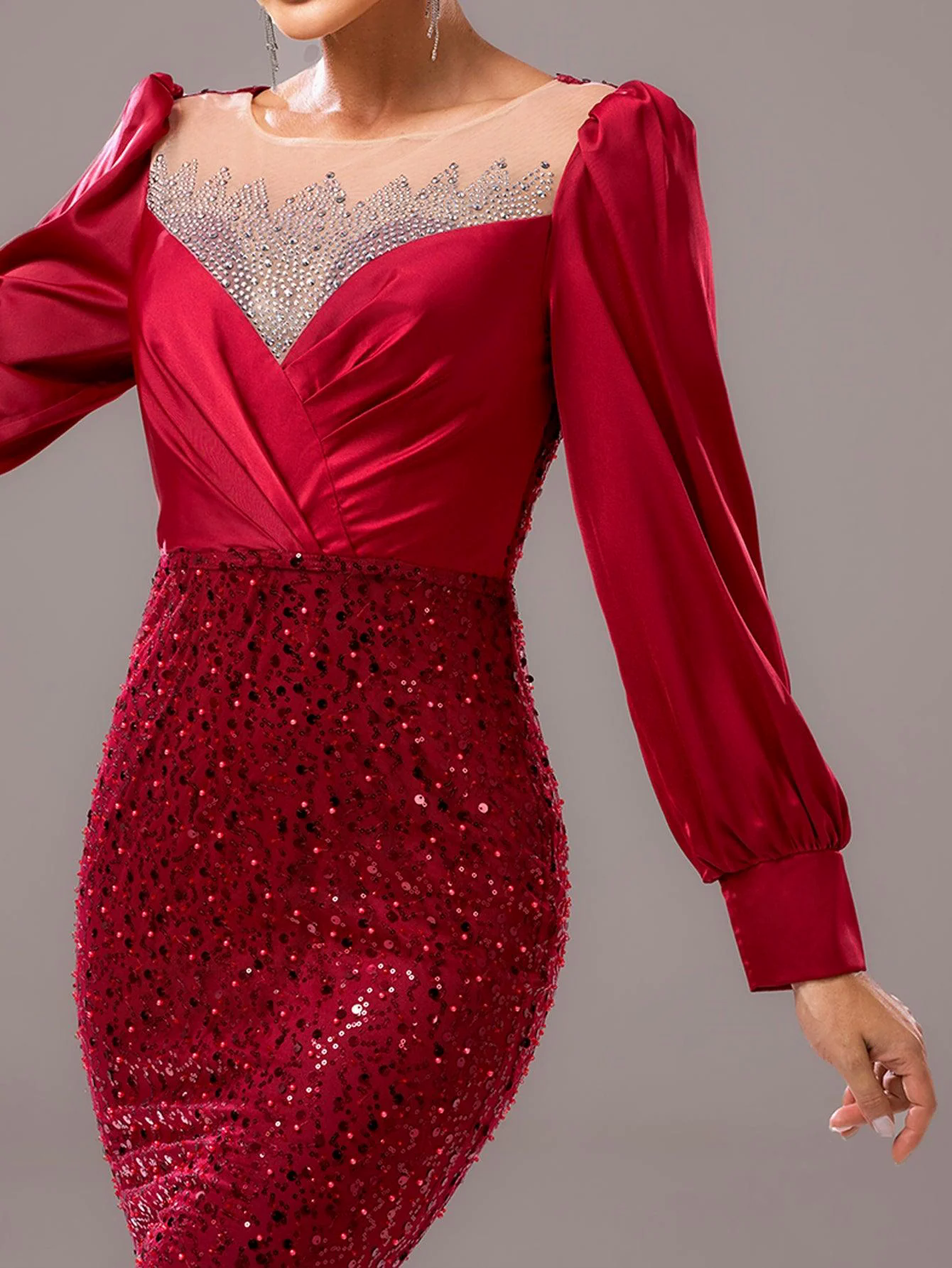 Red Panel Sequin Long Sleeve Mermaid Evening Dress RJ11967