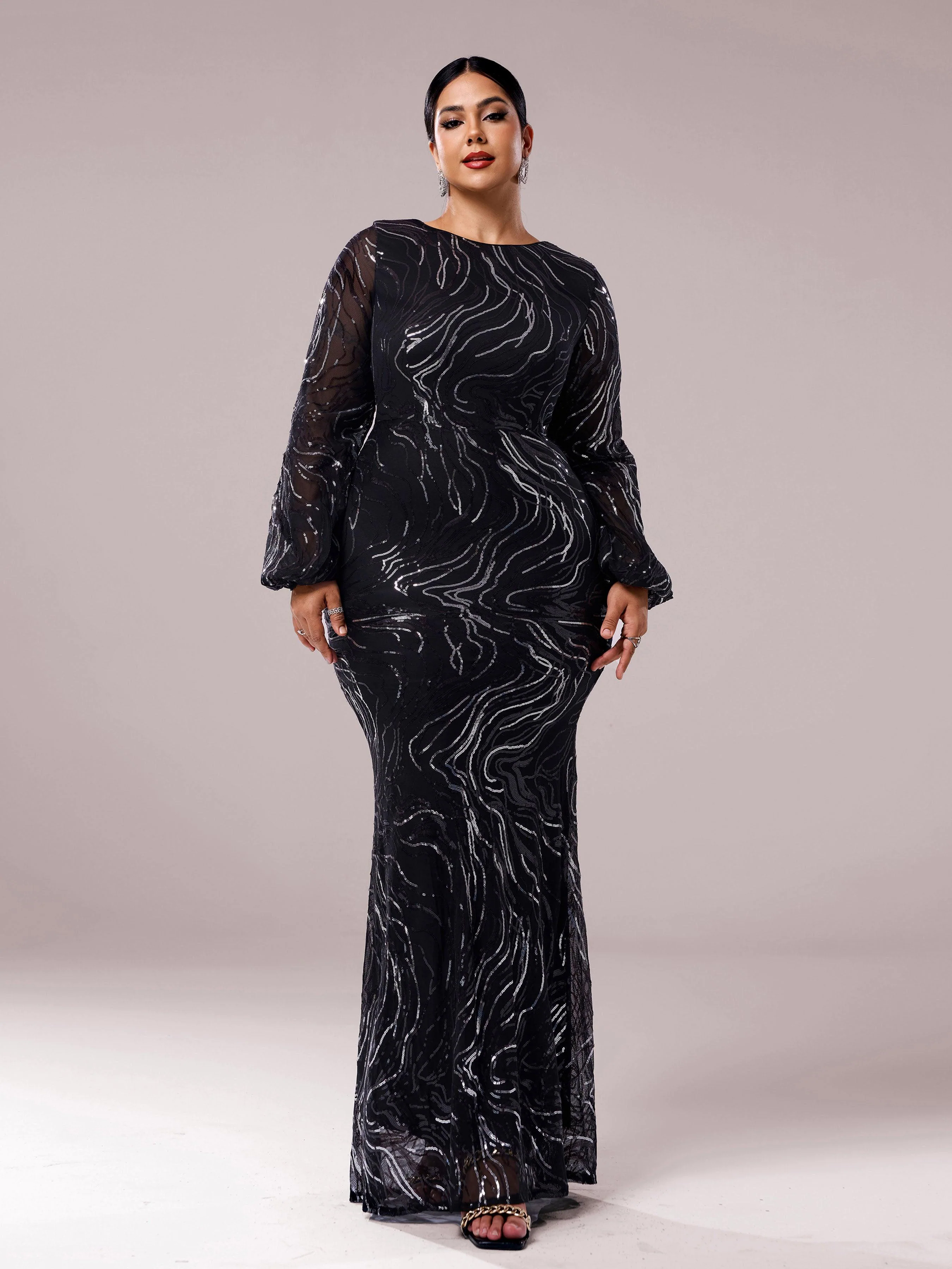 Plus Size Long Sleeve Sequin Prom Dress PXJ1500