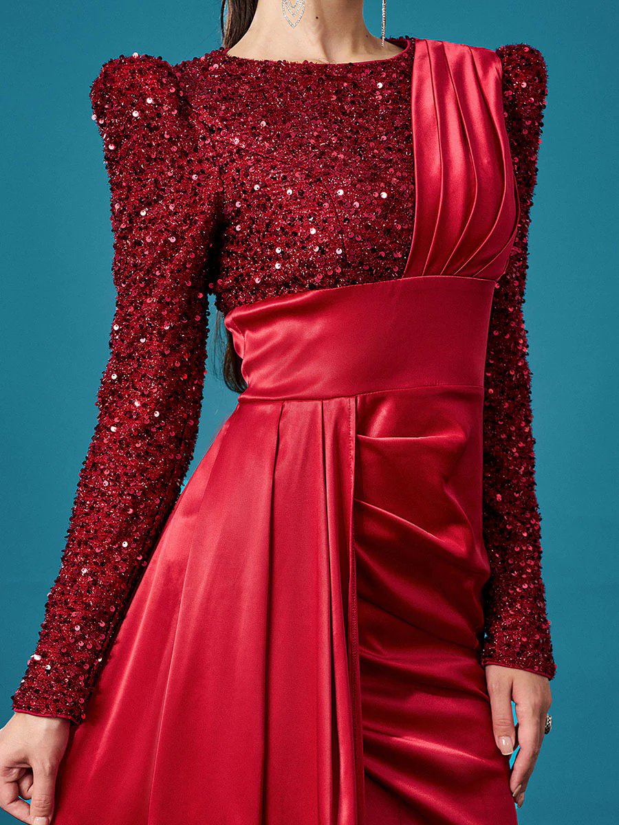 Red Panel Split Ruched Long Sleeve Prom Dress DH80422