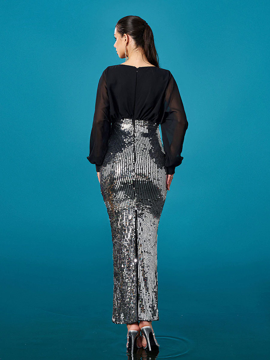 V-neck Panel Sequin Sheath Cocktail Dress DH80396