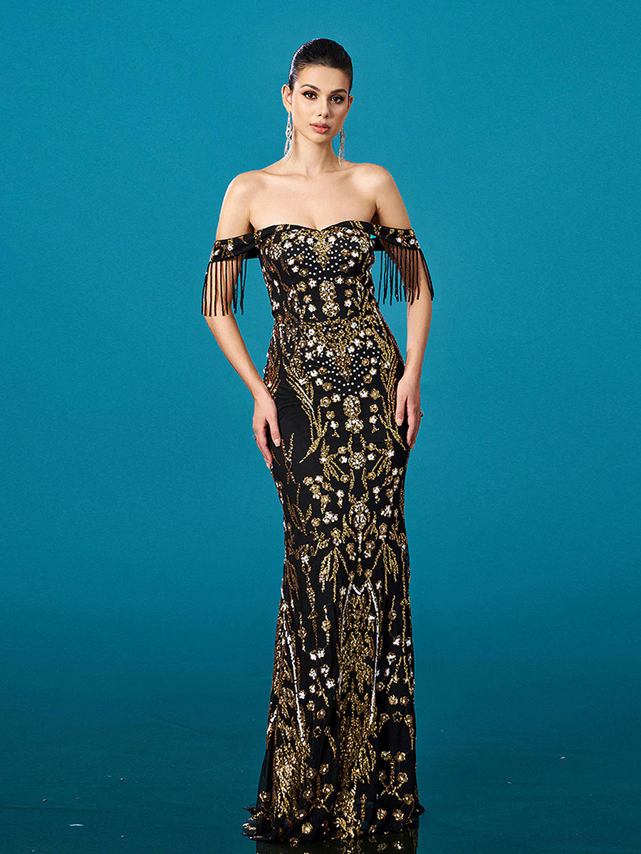 Off Shoulder Fringed Floral Sequin Prom Dress DH80448