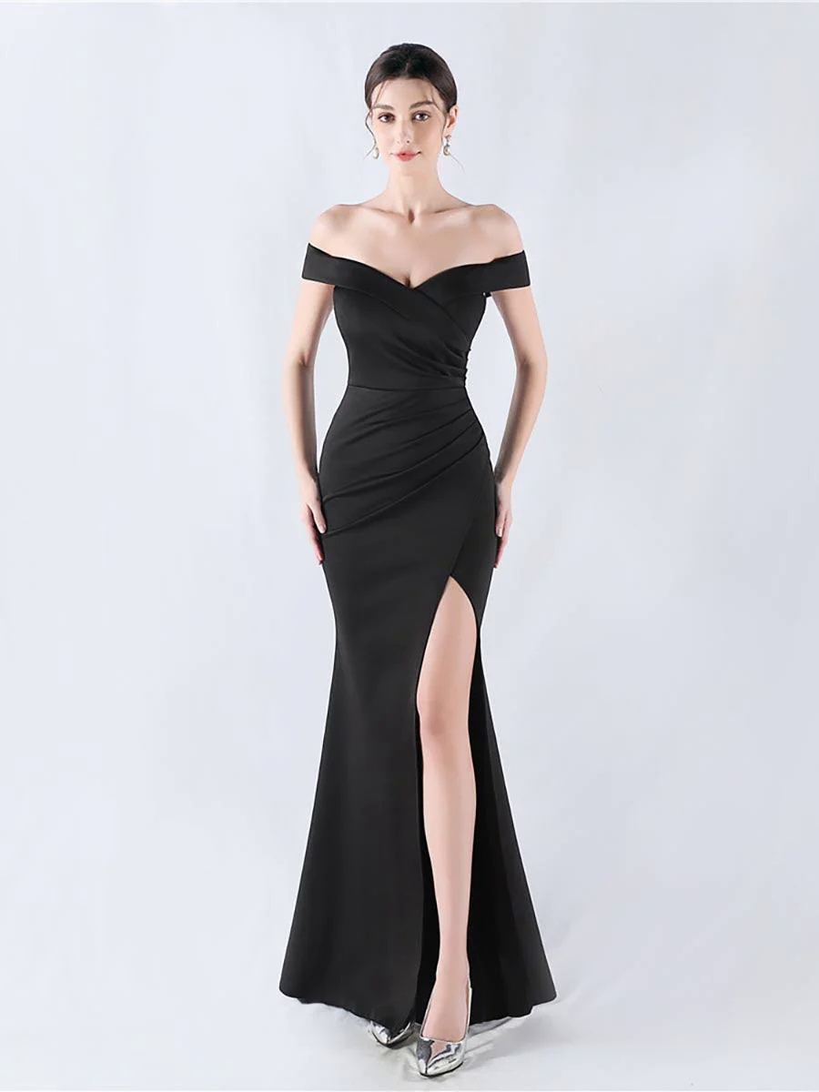 Off Shoulder Ruched Split Prom Dress MYN1003