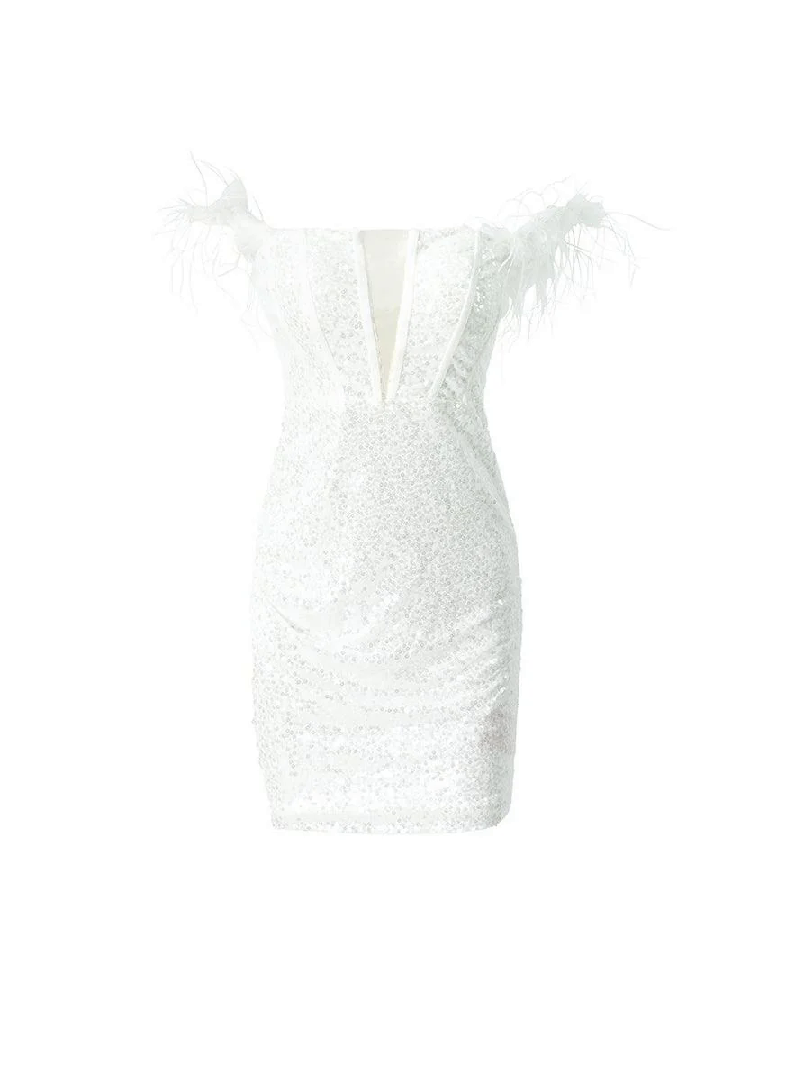 Off-Shoulder Feather Bodycon Sequin Dress XJ2863