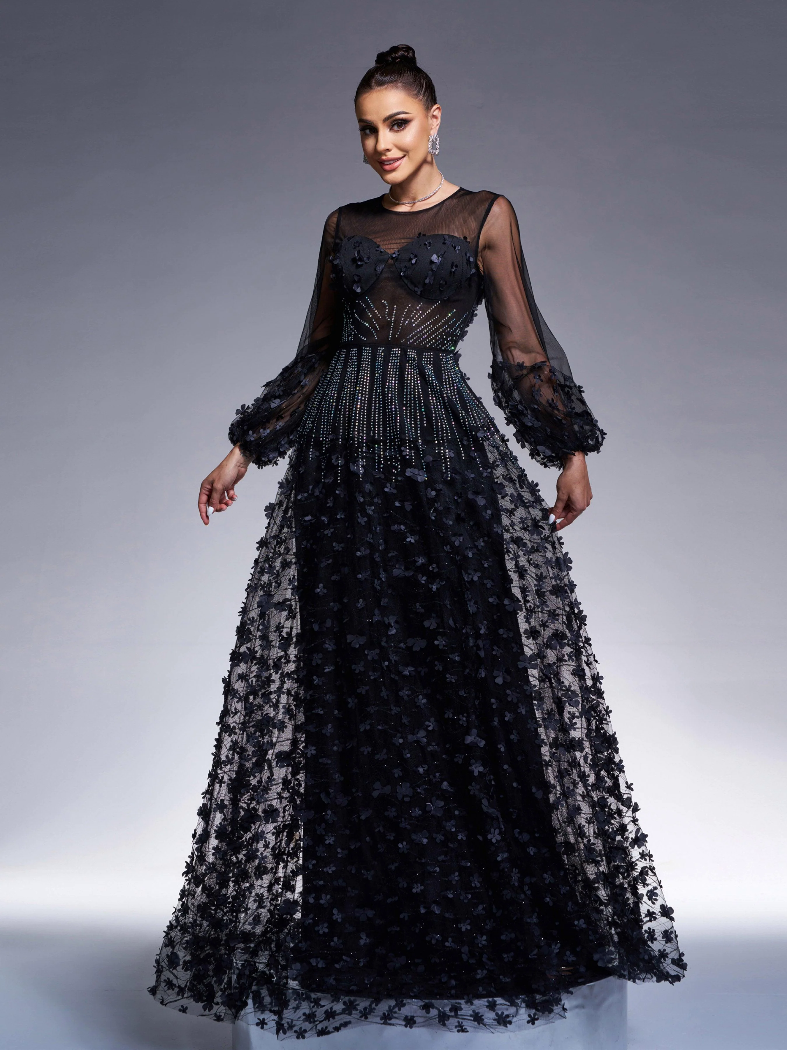 Appliqued Long Sleeve A-line Evening Dress RJ11934