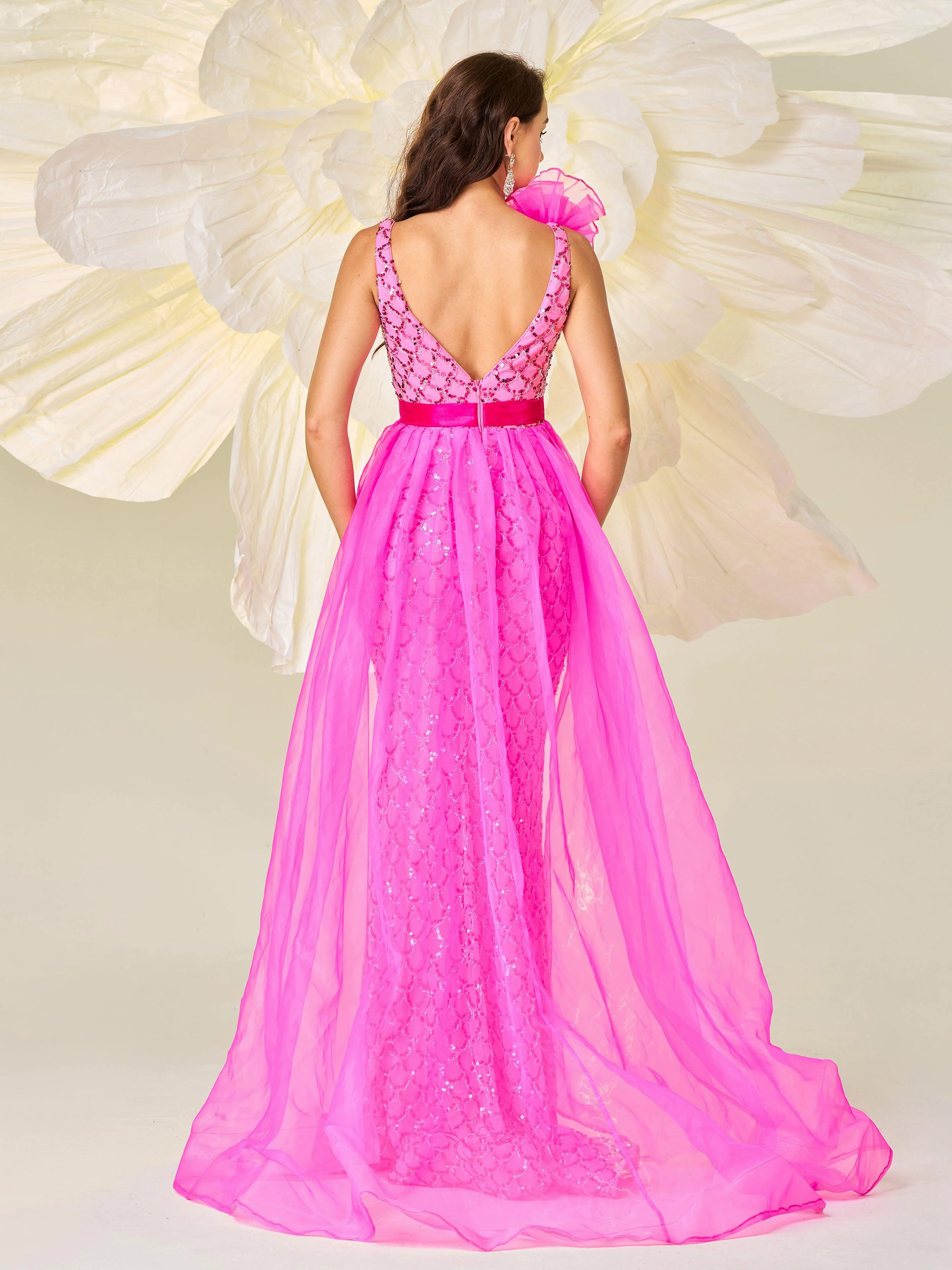 Ruffled Backless Mesh Cape Evening Dress DH80079