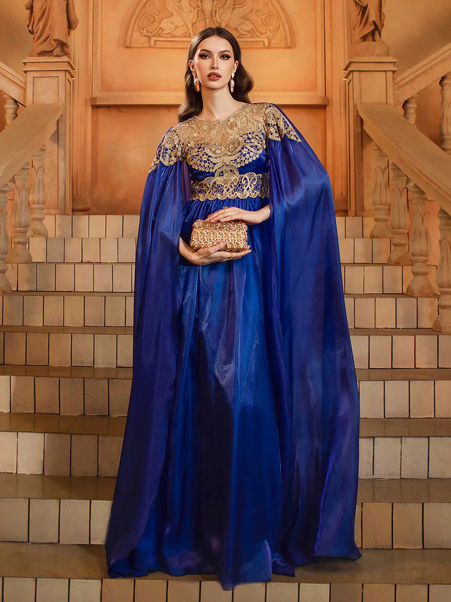 Blue Cape Sleeve Muslim Embroidered Dress DH80540