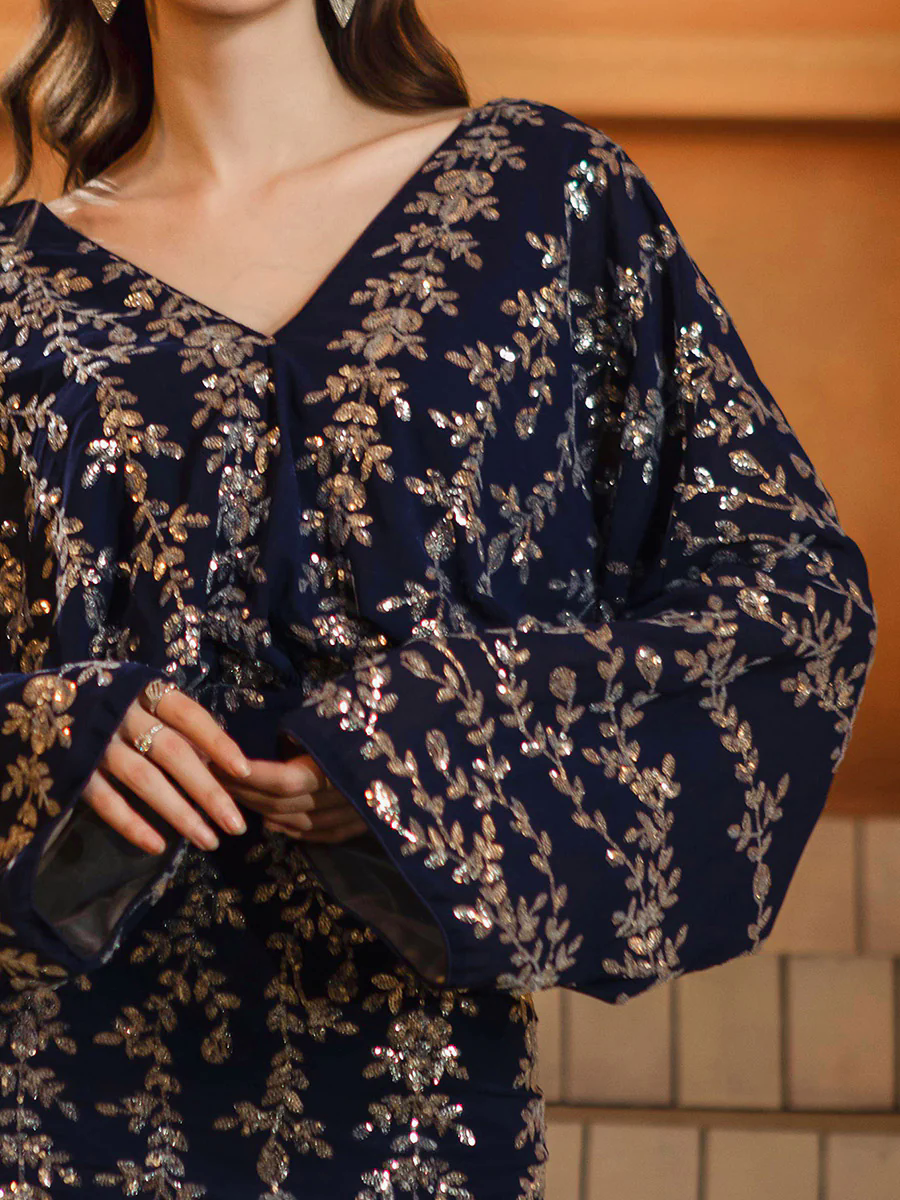 Bat-sleeve V-neck Leaf Sequin Loose Dress MES72148