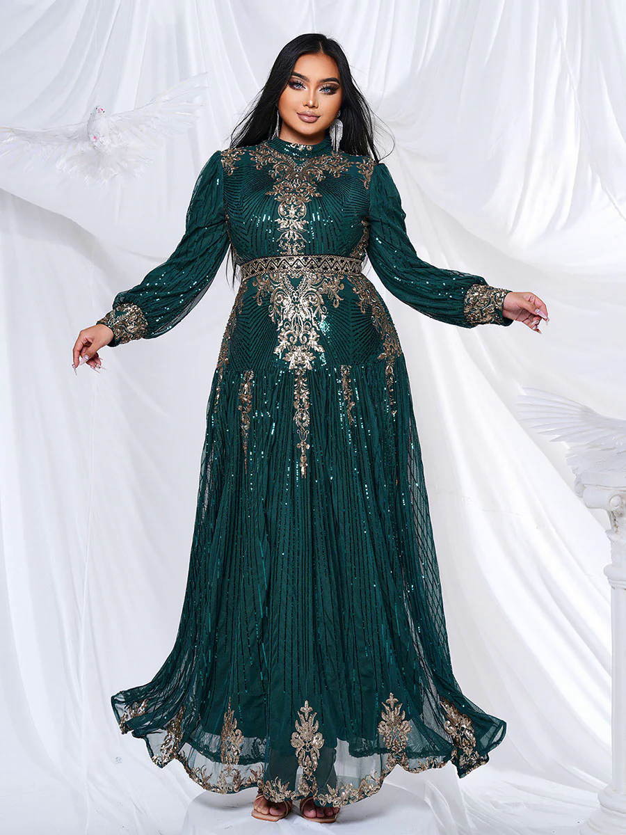 Plus Stand Collar Sequin A-line Dress PMES00341