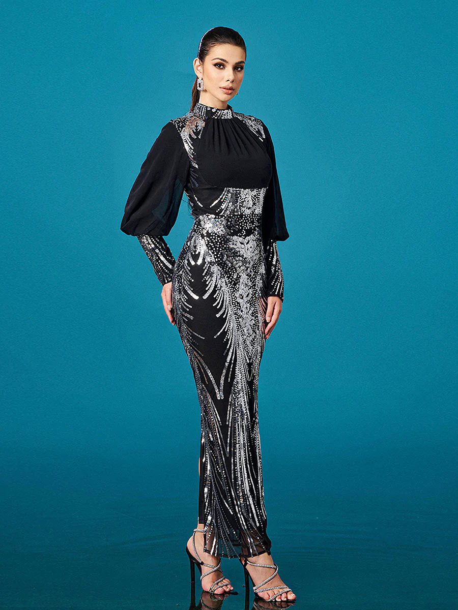 Silver Graphic Sequin Ballon Sleeve Prom Dress M00718