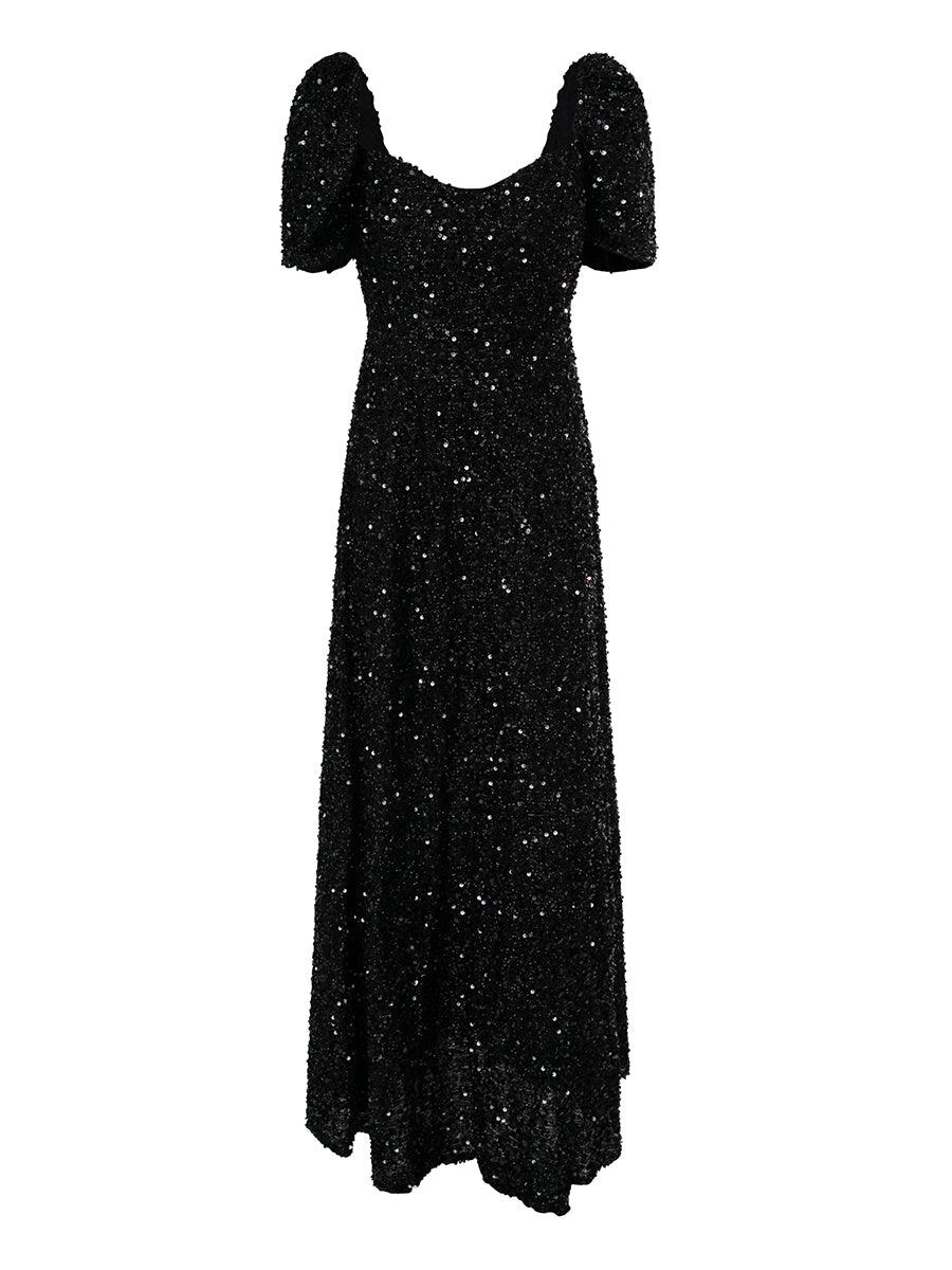 Light Yellow Puff Sleeve Sequin Maxi Dress XJ1509