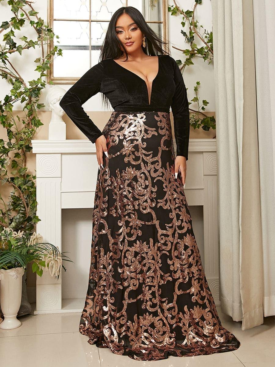 Plus Deep V Neck Backless Black Prom Dress PXJ1678