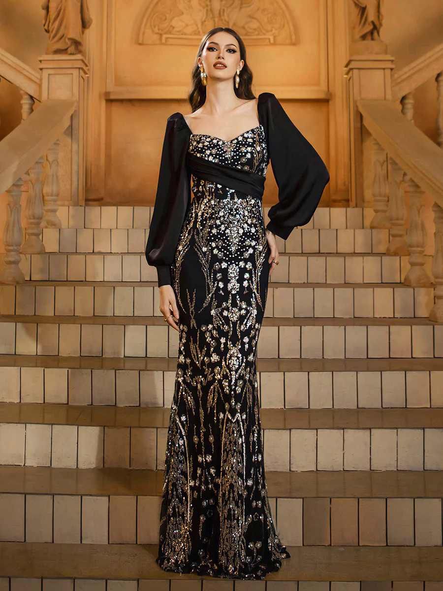 Black Sequin Floral Long Sleeve Prom Dress DH80450