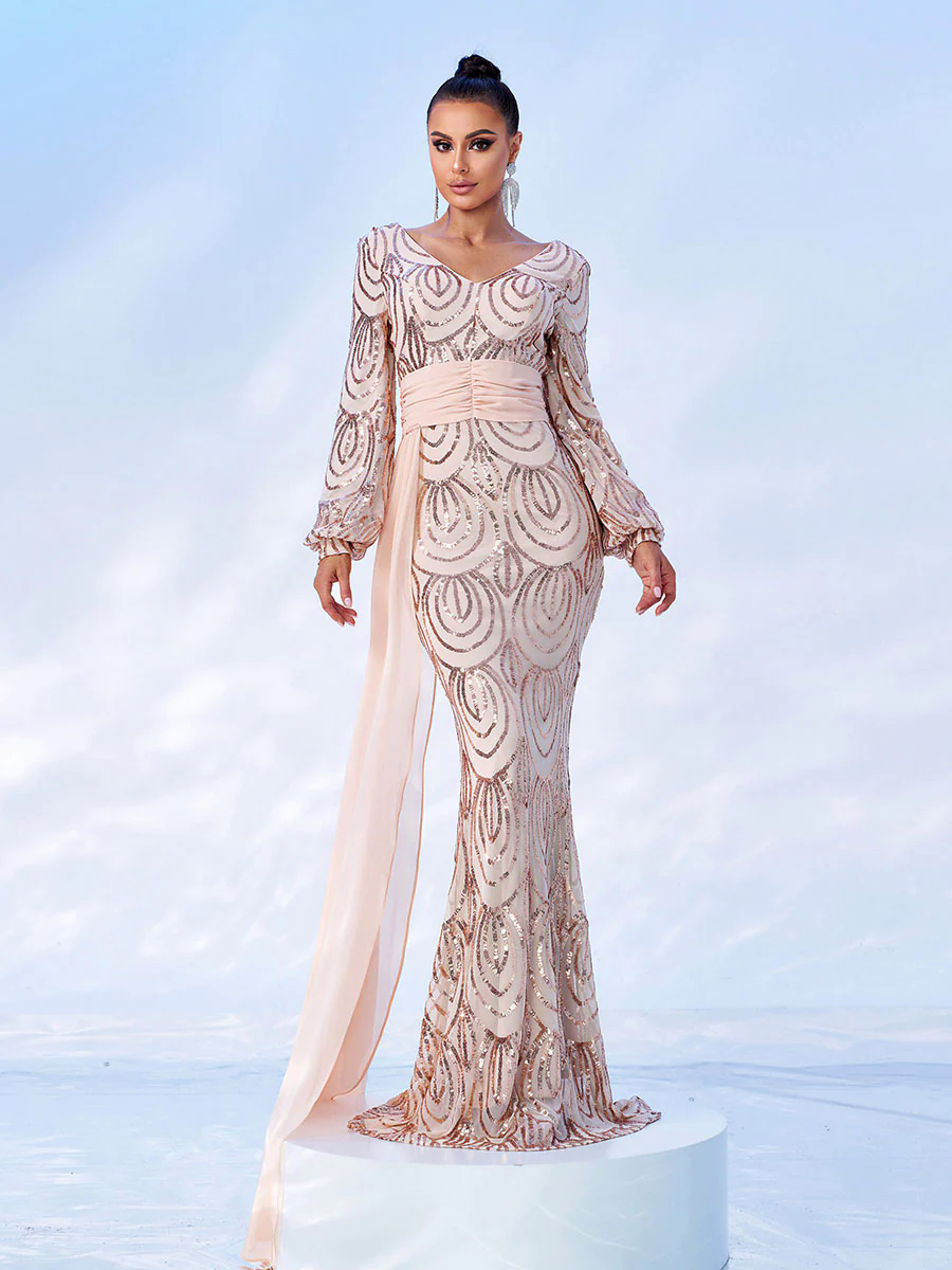 Formal Draping Sequin Long Sleeve Dress XJ1524