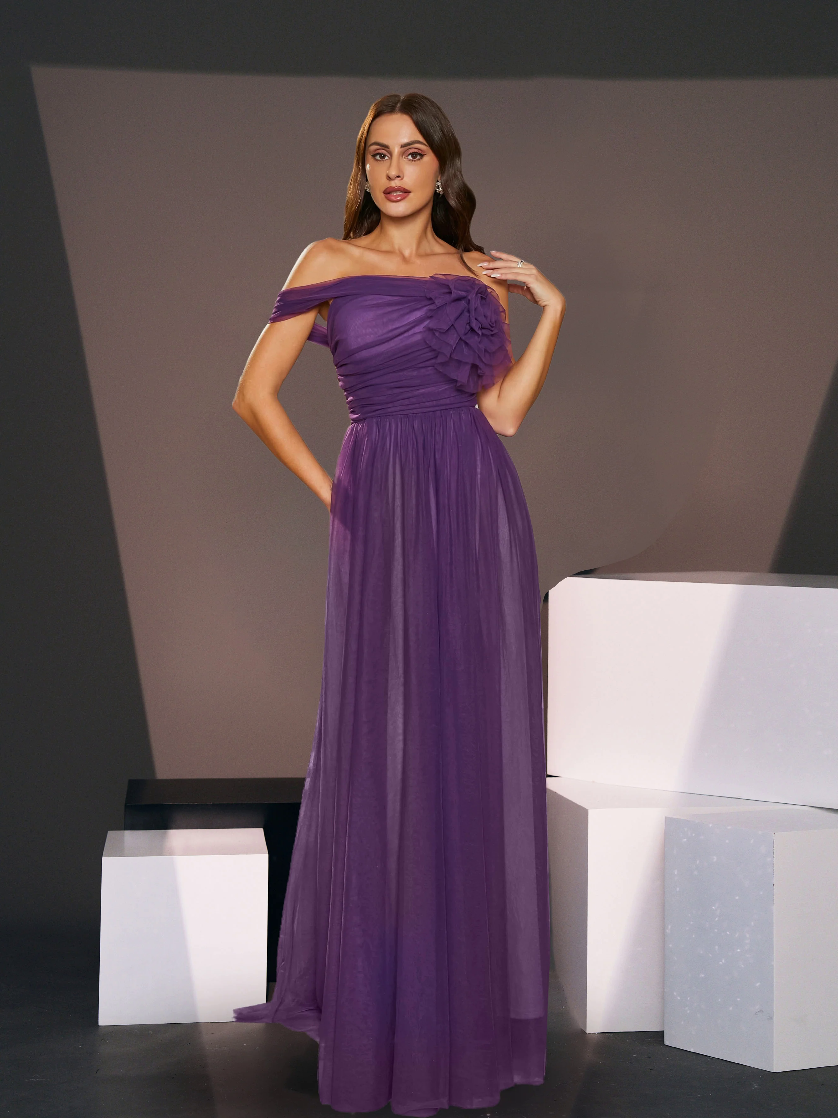 Off Shoulder Pleated A-Line Purple Tulle Bridesmaid Dress RJ10715
