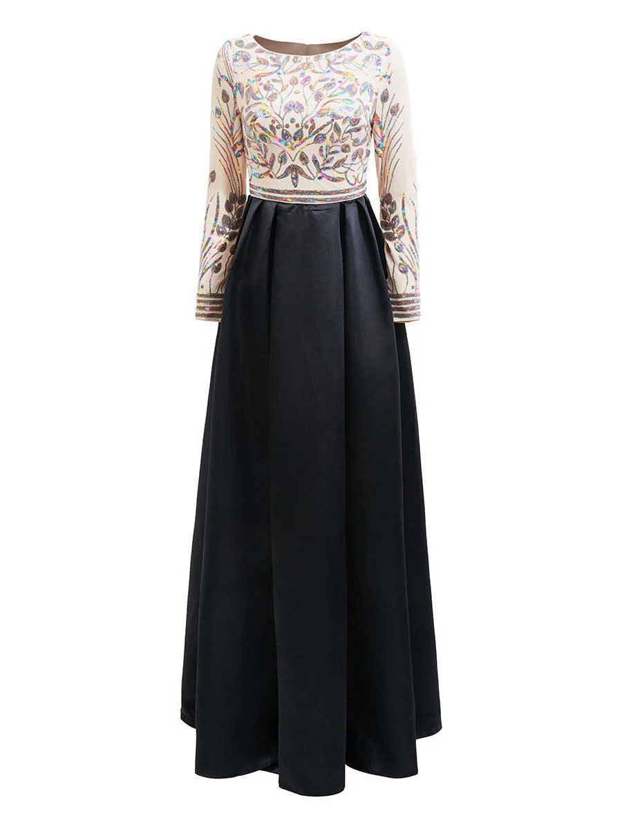 Formal A-Line Satin Panel Black Ball Gown RM20428