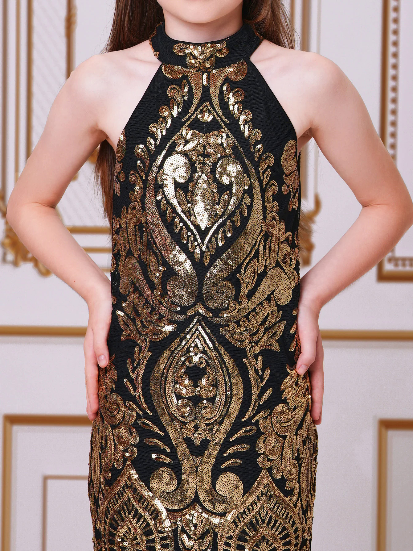 Halterneck Damask Sequin Bodycon Mini Dress FT19757