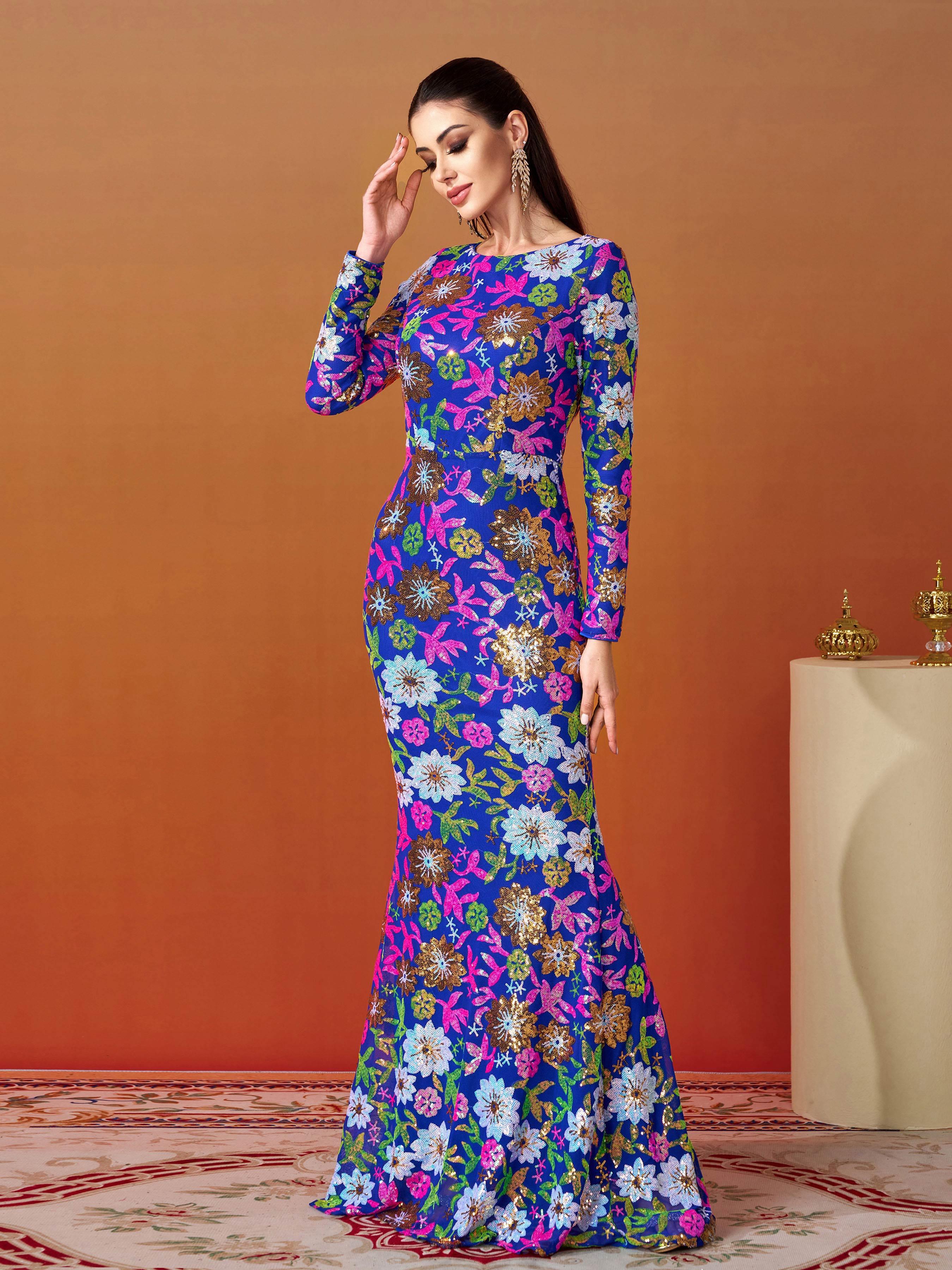 Crew Neck Floral Sequin Dress RJ10987