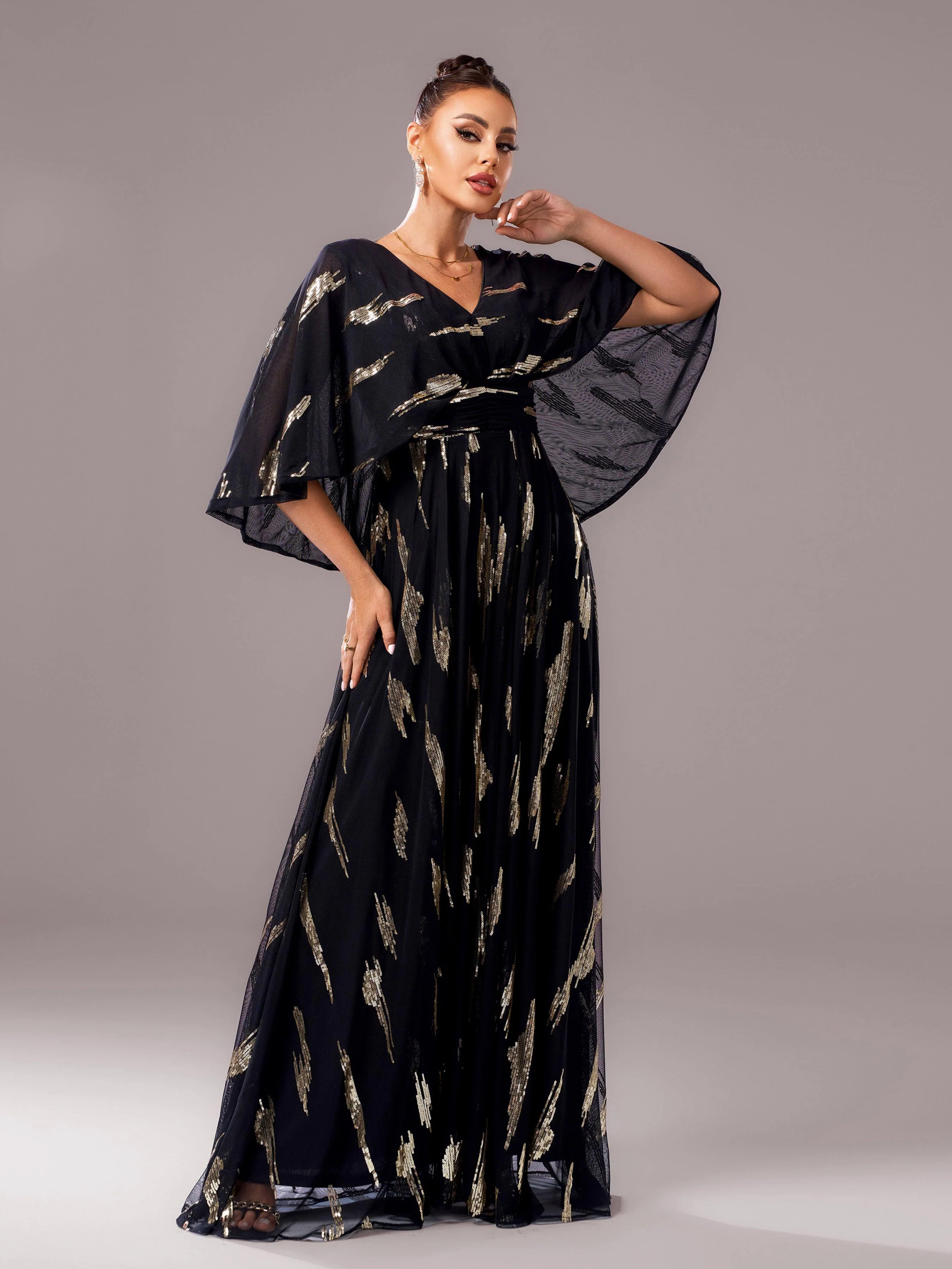 V-neck Loose Cape Sleeve Prom Chiffon Dress GM00638