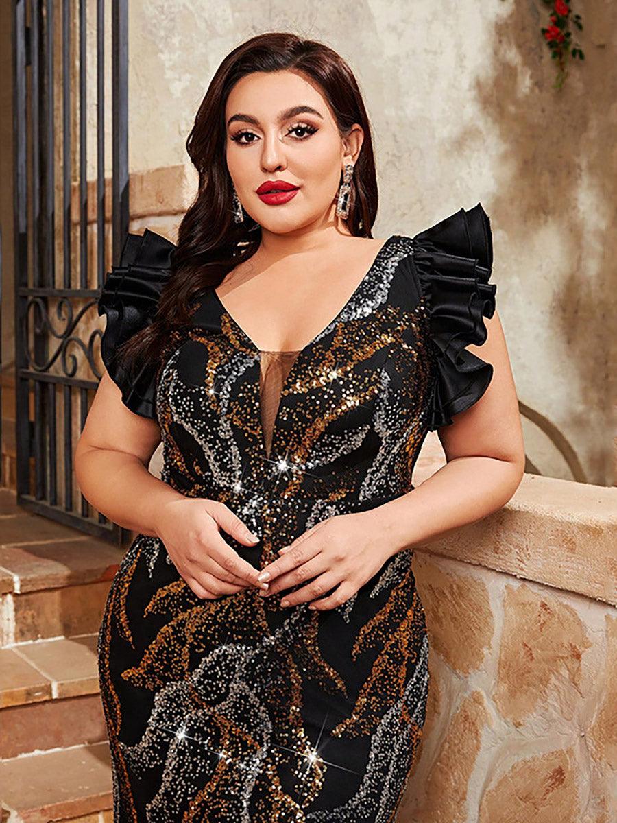 Plus Size V-neck Geometric Sequin Prom Dress MCW0994