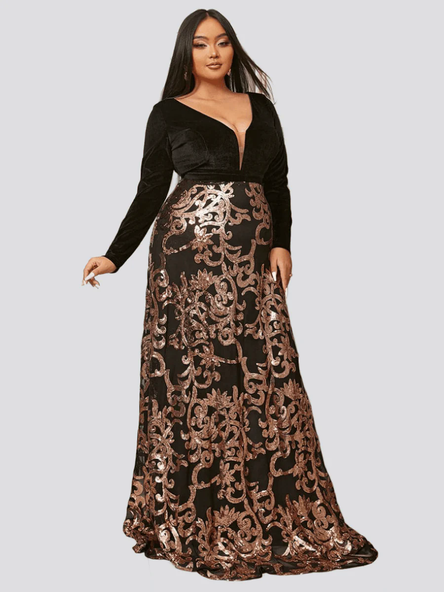 Plus Deep V Neck Backless Black Prom Dress PXJ1678