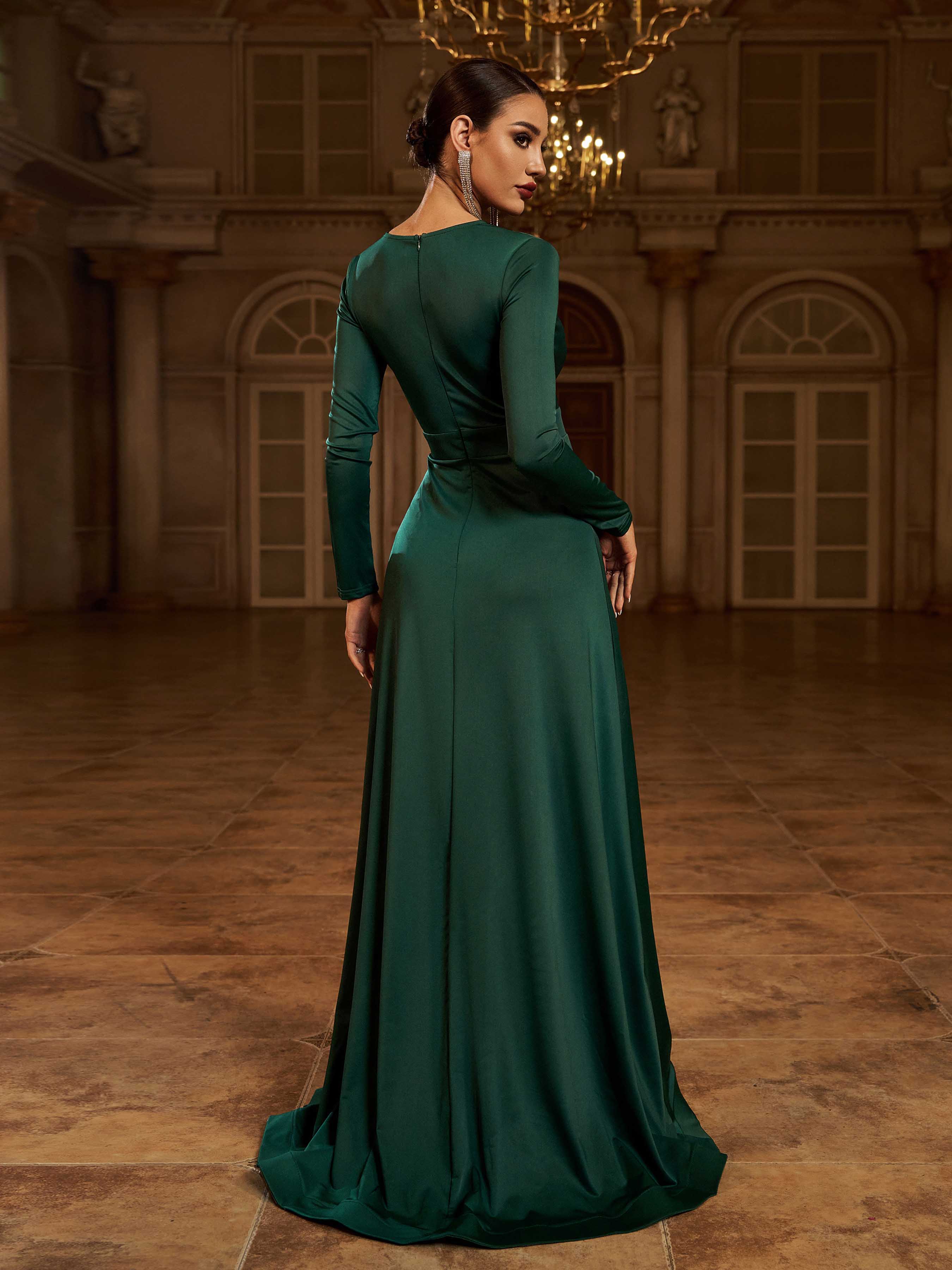 V-neck Long Sleeve Split Maxi Dress XH1221