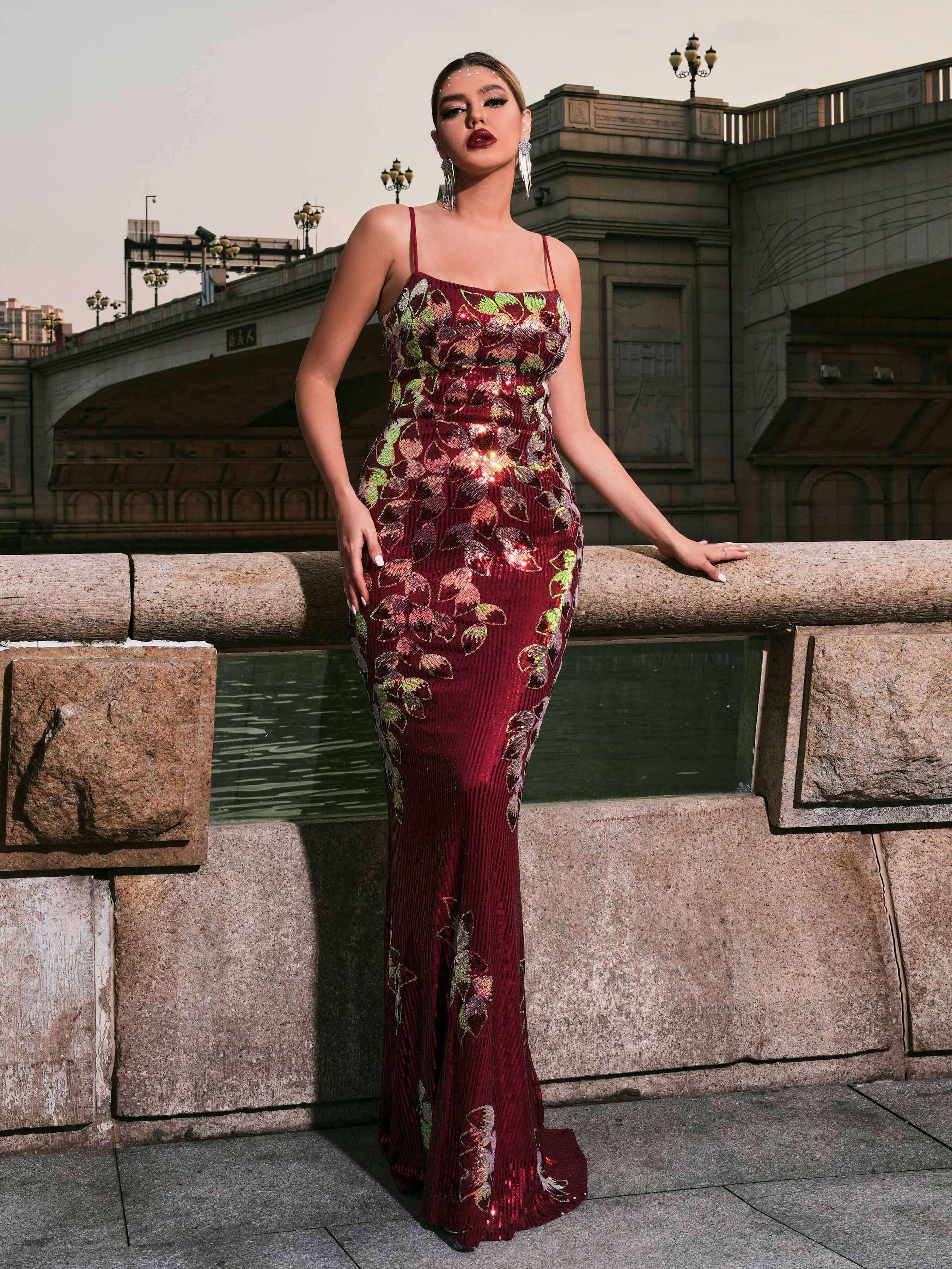 Spaghetti Leaf Sequin Mermaid Prom Dress RJ11052