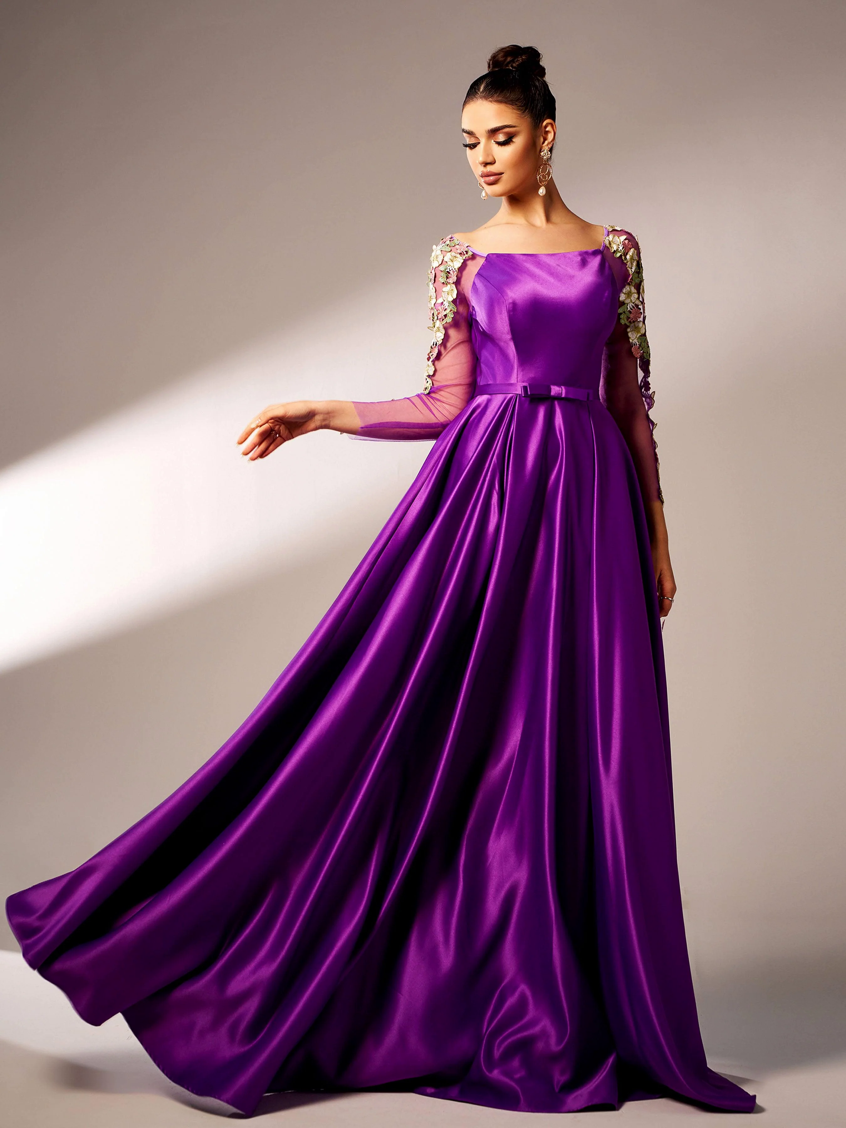 Embroidered Long Sleeve Purple A-line Evening Dress GM90144