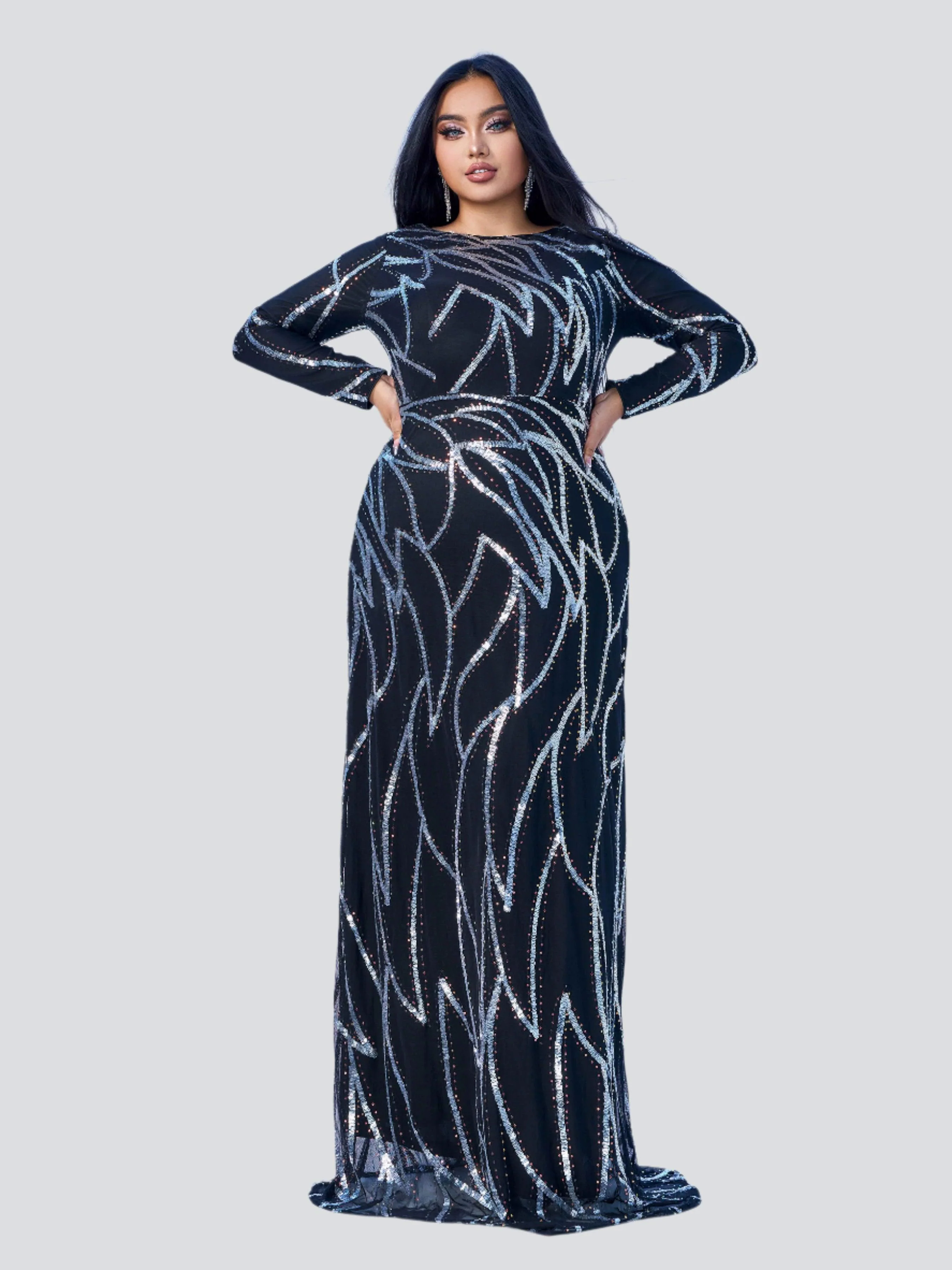 Plus Long Sleeve Sequin A-line Dress PXJ1962