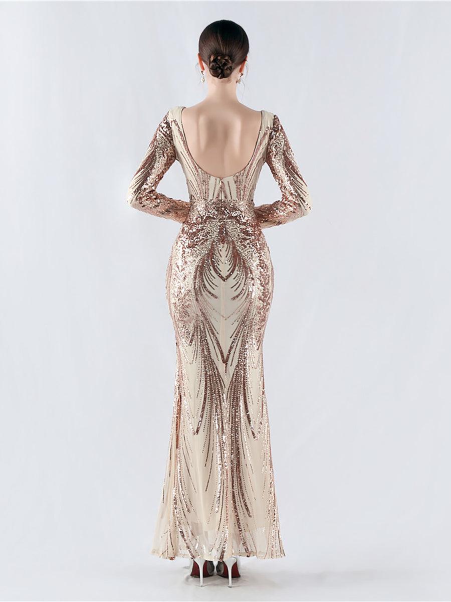 Long Sleeve Sequin V-neck Backless Prom Dress MCW1000