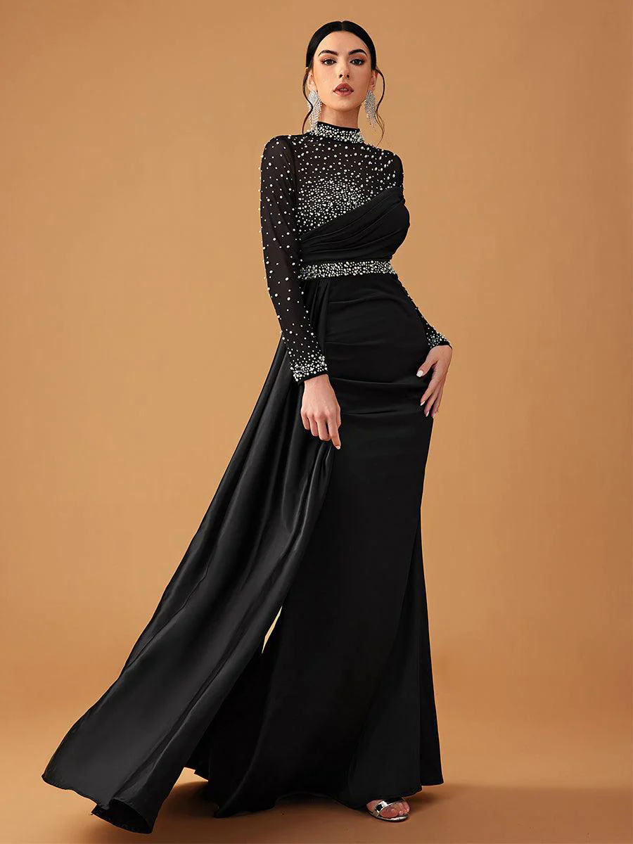 Elegant Mesh Beaded Satin Turtleneck Evening Dress GM90146