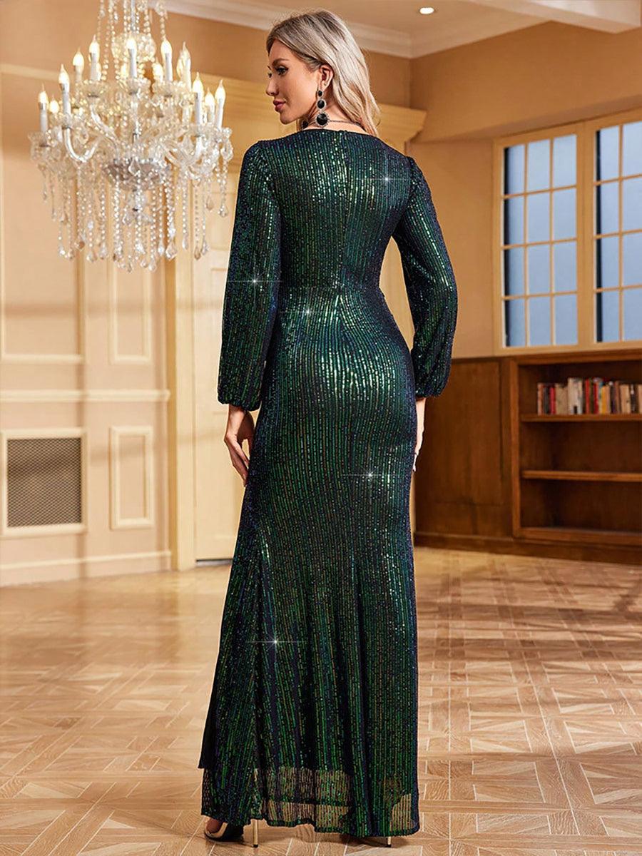 Long Sleeve V-neck Split Prom Dress MCW1043