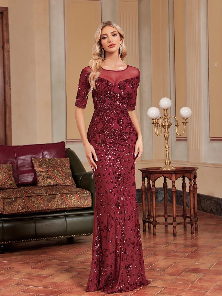 Burgundy Short Sleeve Embroidered Prom Dress MCC1233